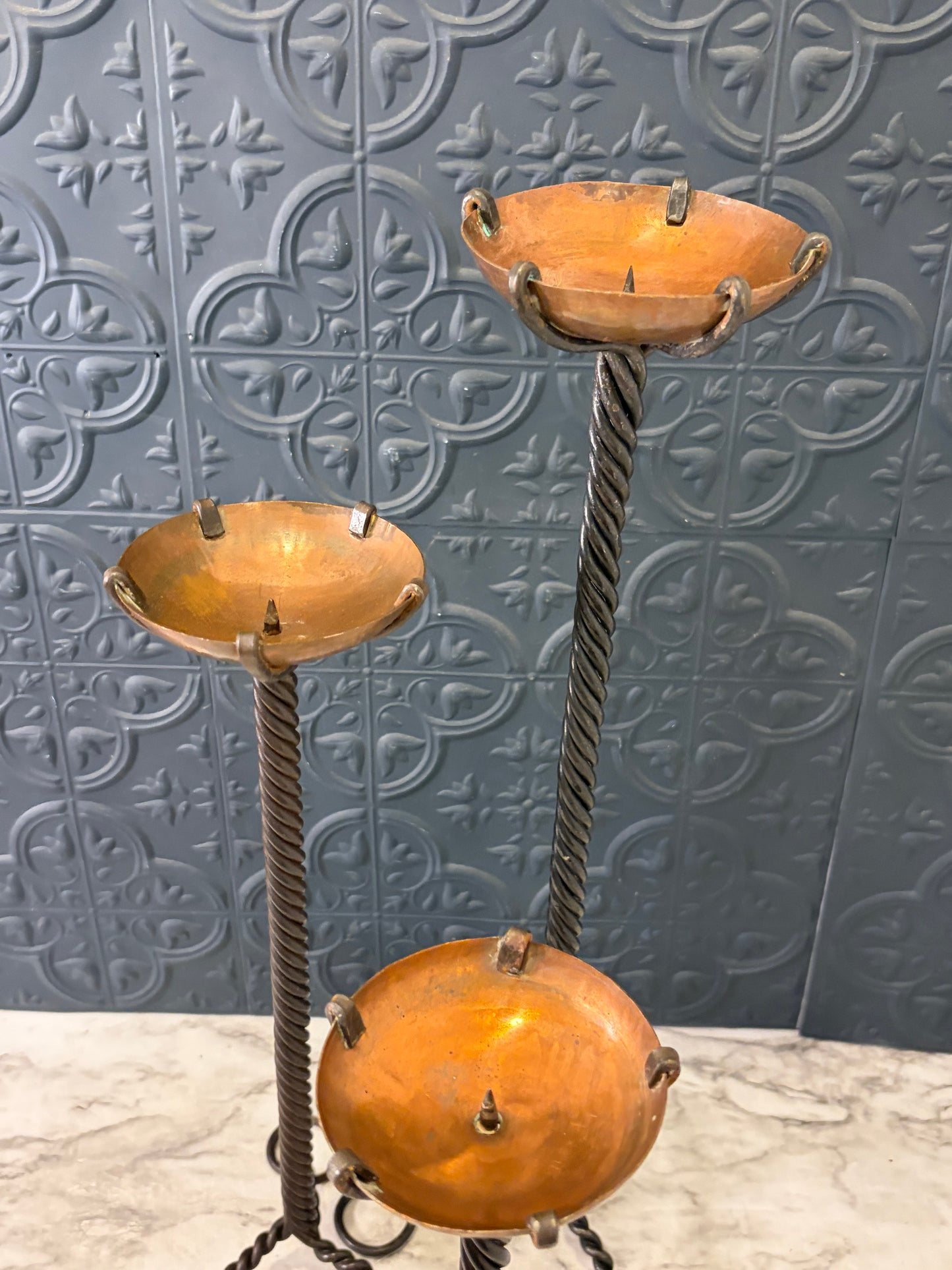 Set of 3 Copper and Wrought Iron Pillar Candle Holders