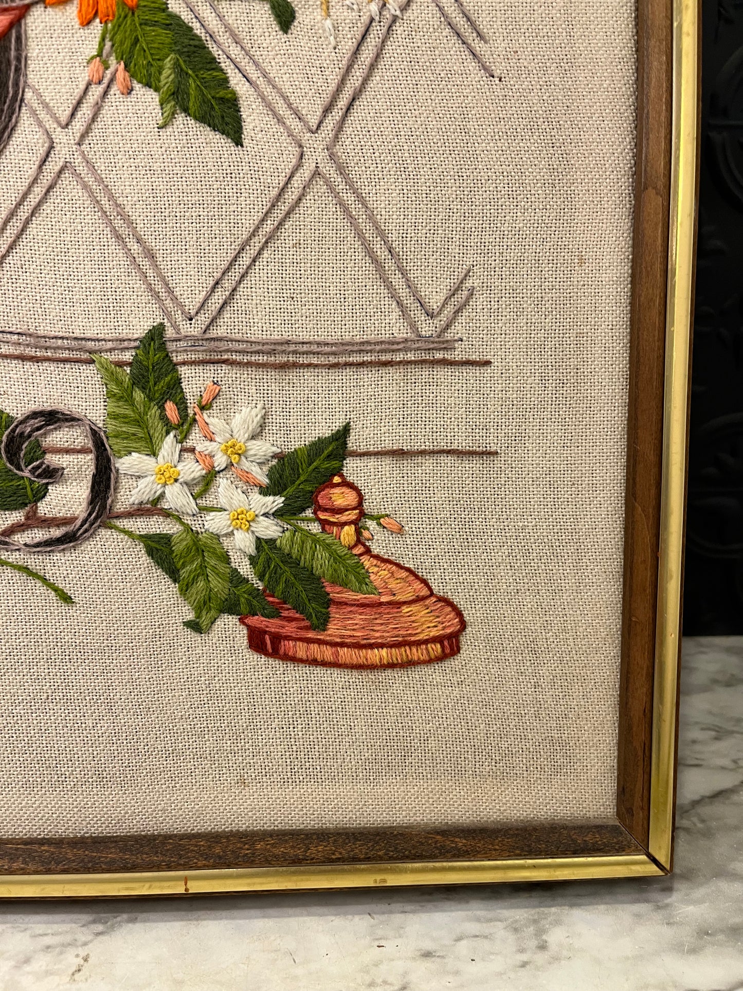 Crewel of Copper Kettle and Flowers