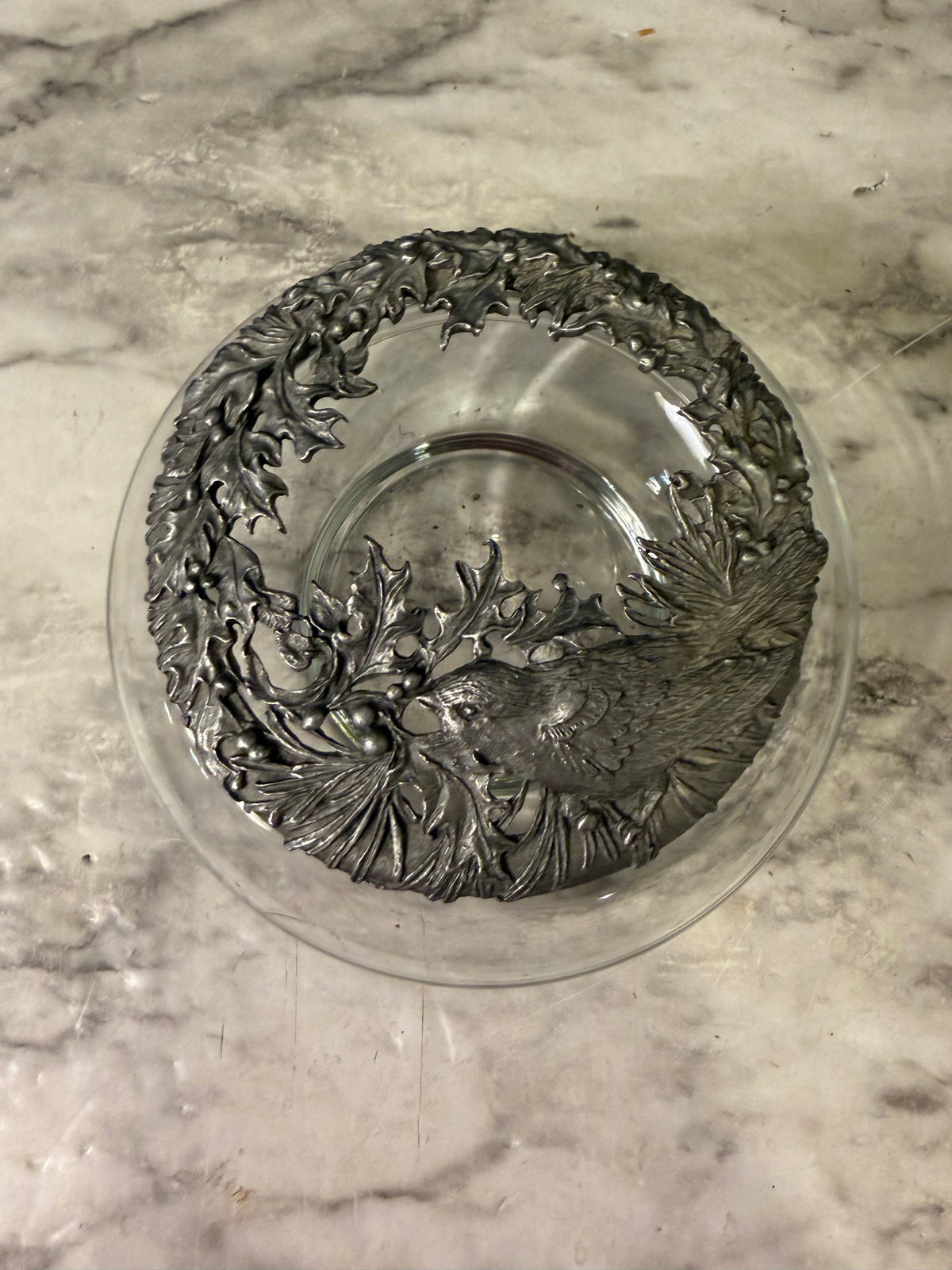 Glass Potpourri Bowl with Pewter Lid Bird