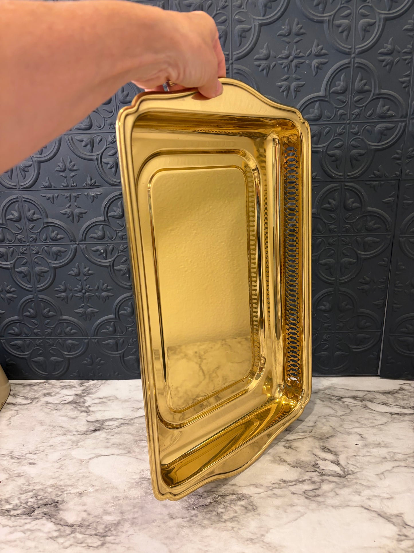 Shiny Brass Tray with filigree edge Rectangle