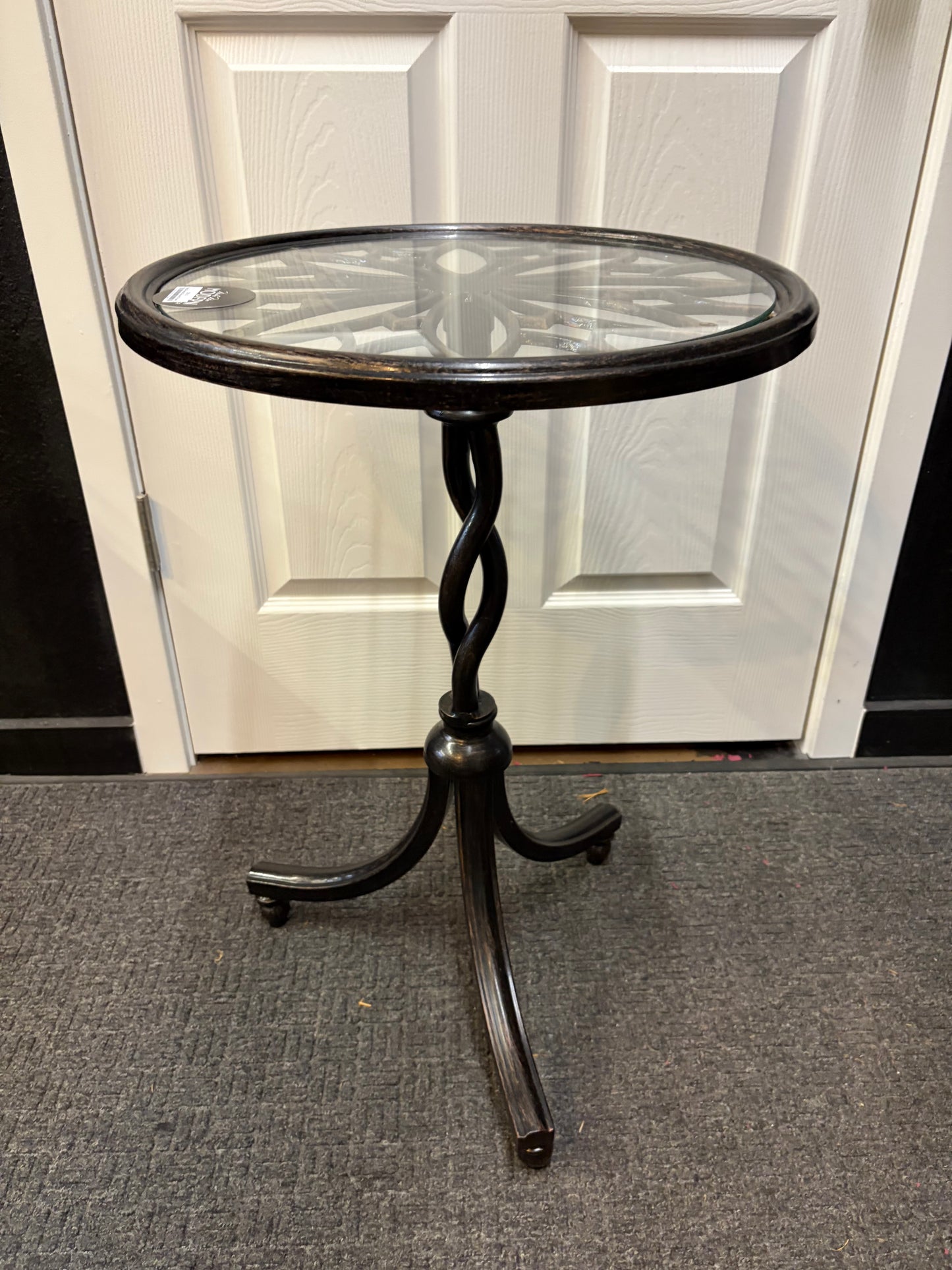 Metal Pedestal Table with Flower Design and Glass top
