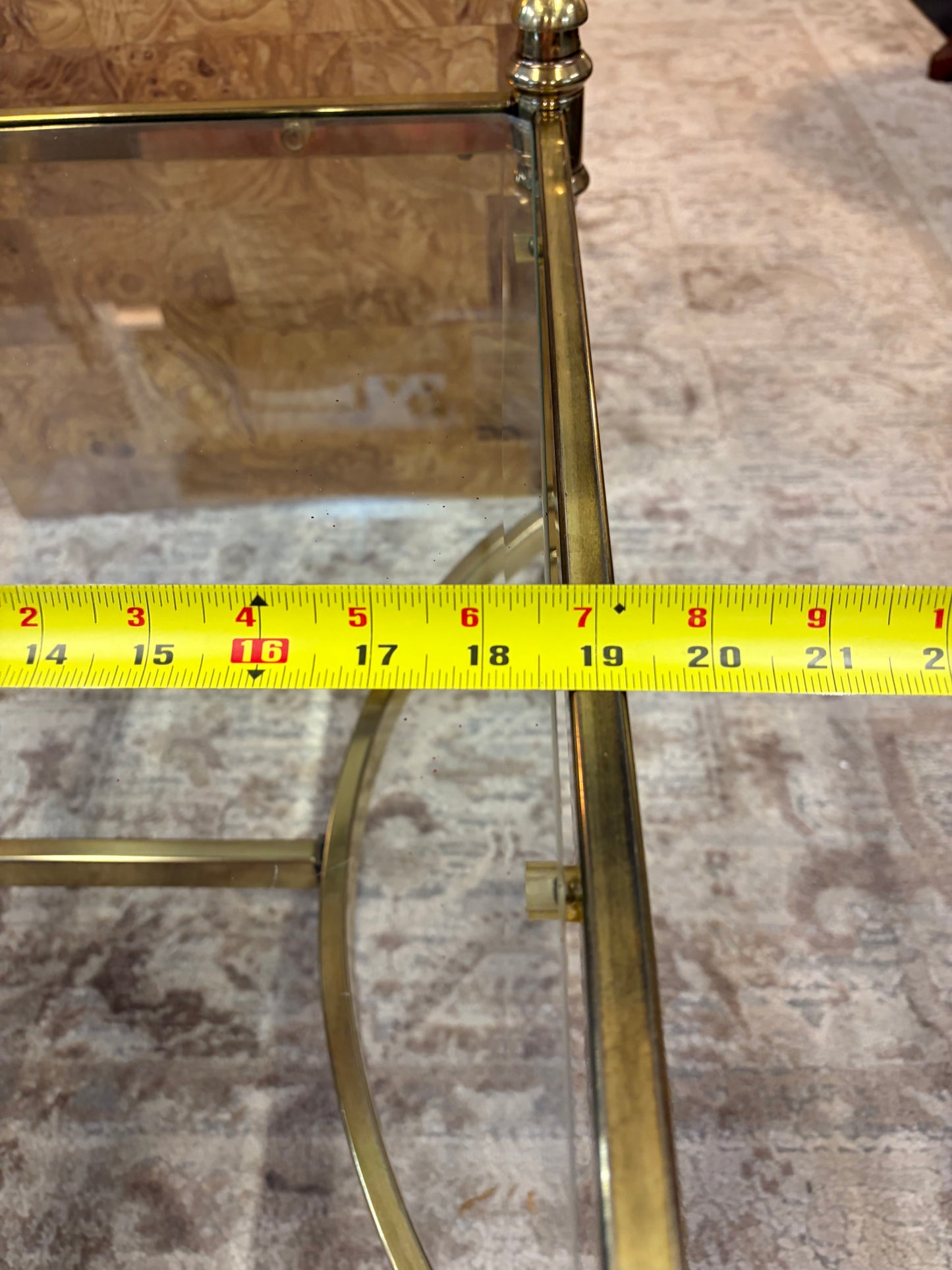 Square Brass and Glass Side Table with H Bottom
