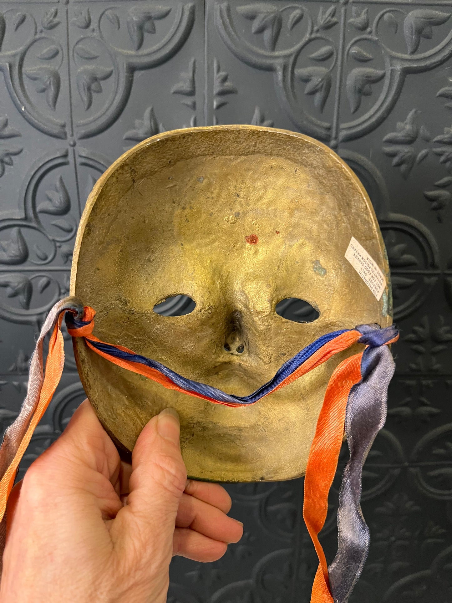 Brass and Enamel Decorative Mask Orange with Red Dot