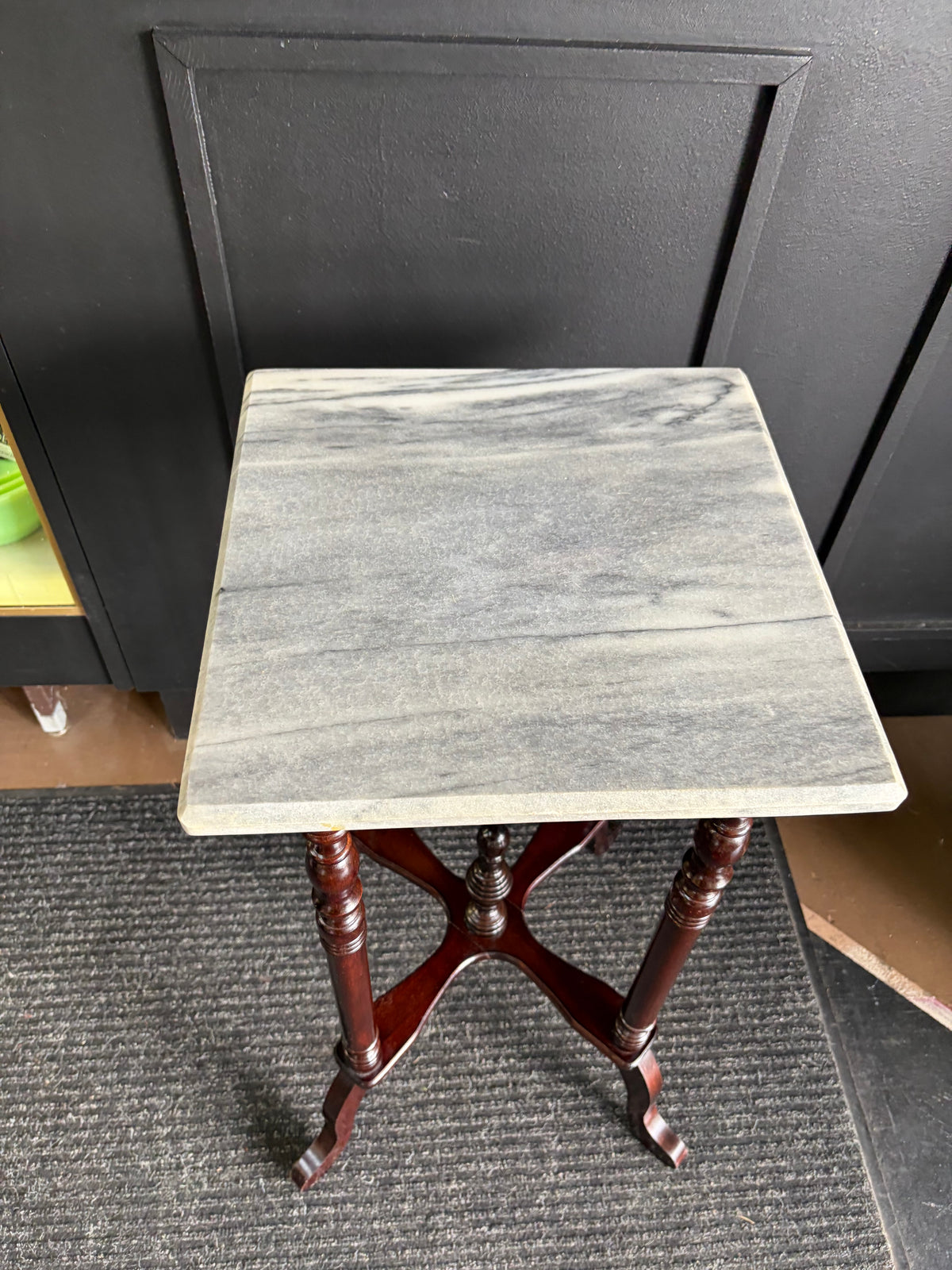 Square Marble Top and Wood Plant Stand