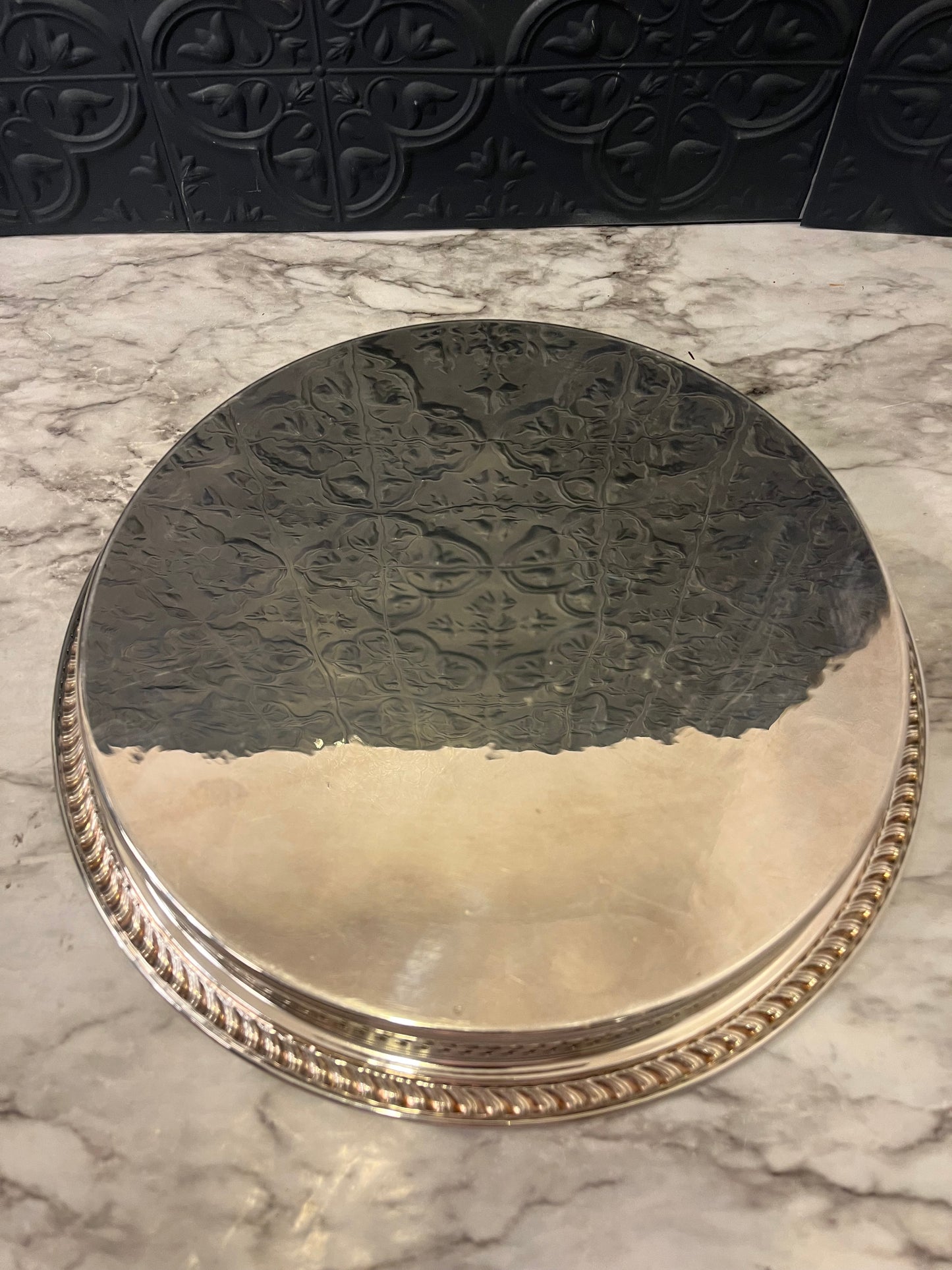 Etched Silver Plate Serving Tray Round 12"