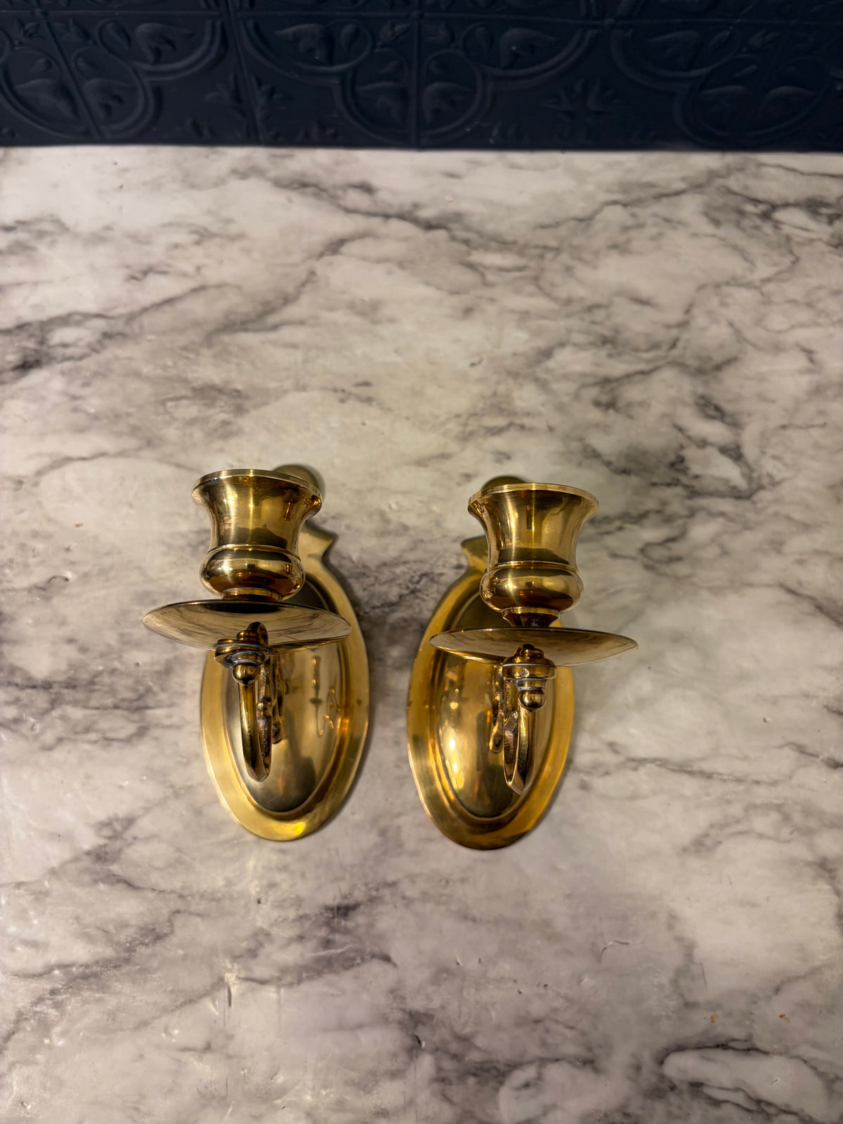 Simple Oval Brass Candle Sconce Pair