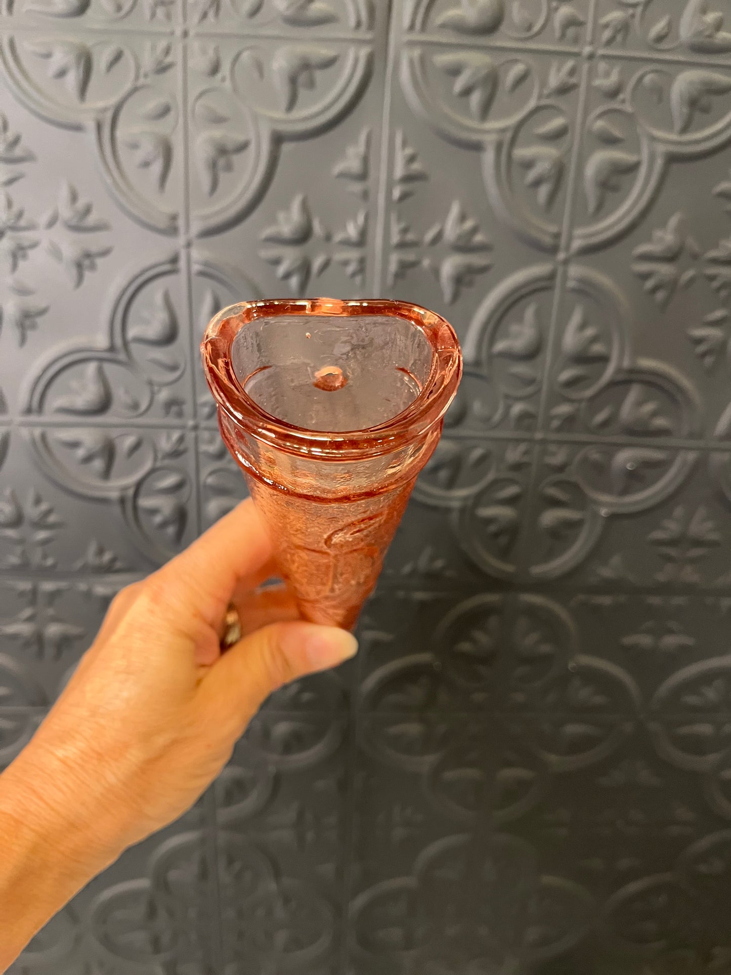 Pink Depression Glass Wall Vase with Bird
