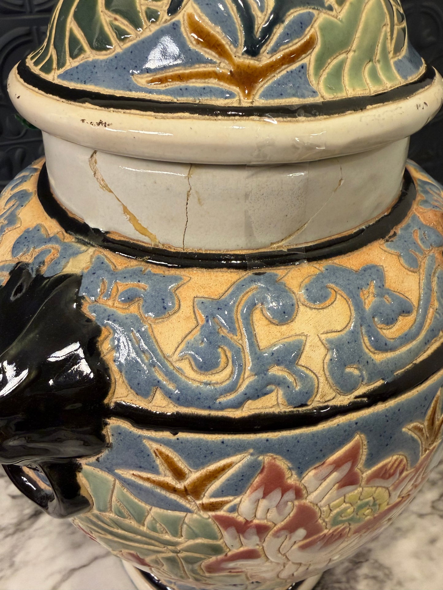 Ceramic Ginger Jar with Flowers and Lion Handles AS IS