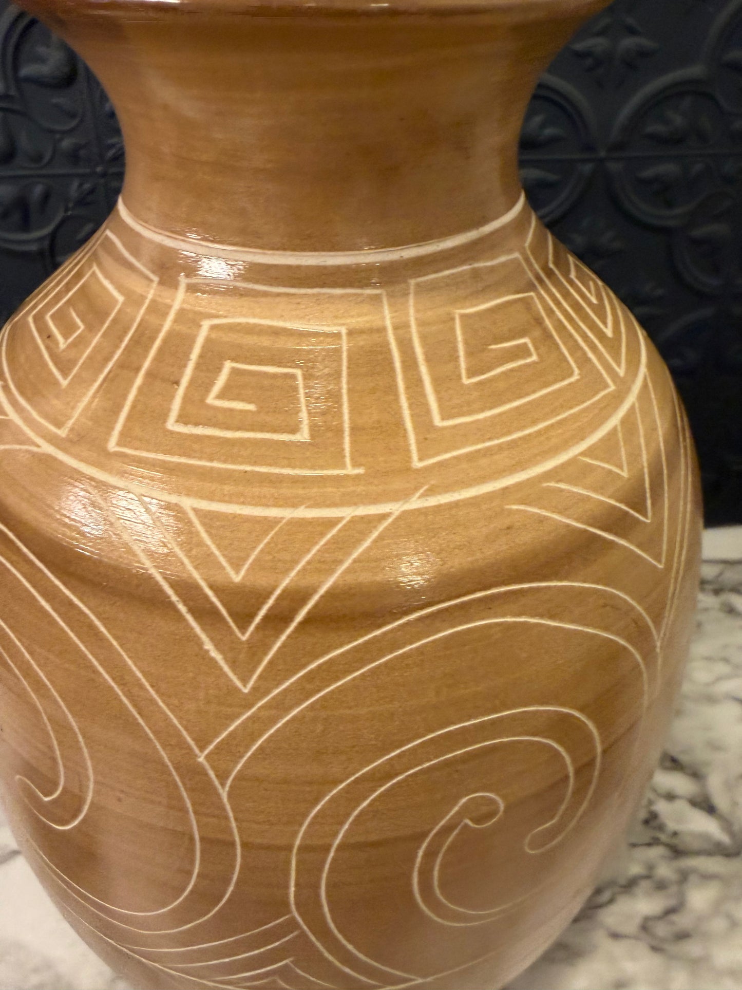 Tan Vase with Cream Greek Key Etching