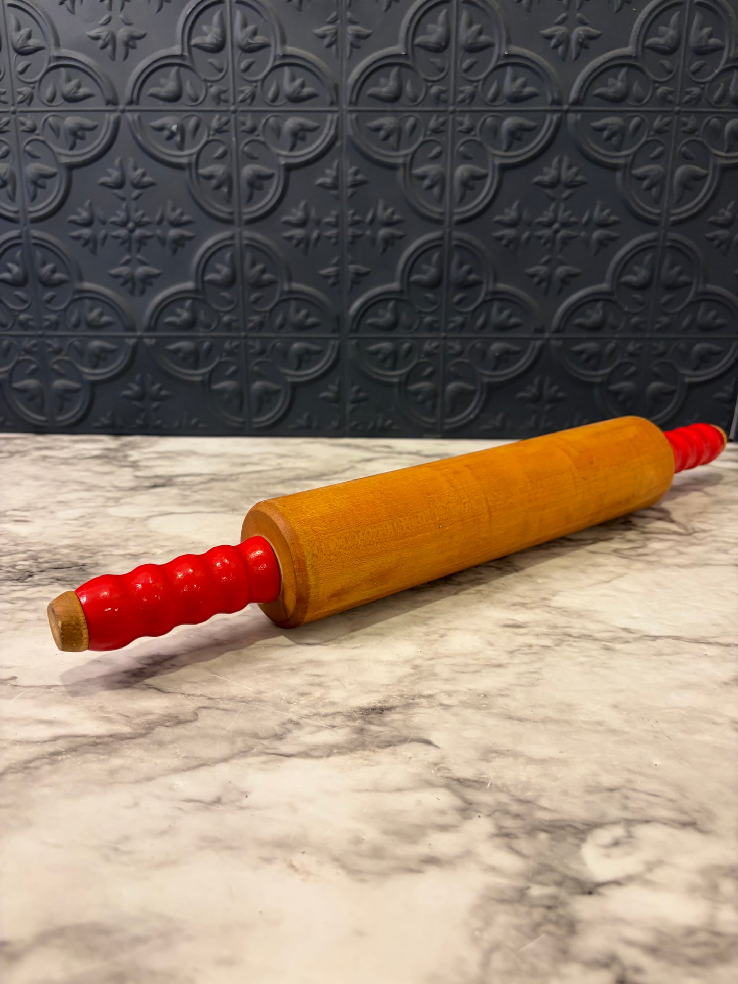 Wood Rolling Pin with Bright Red Handle