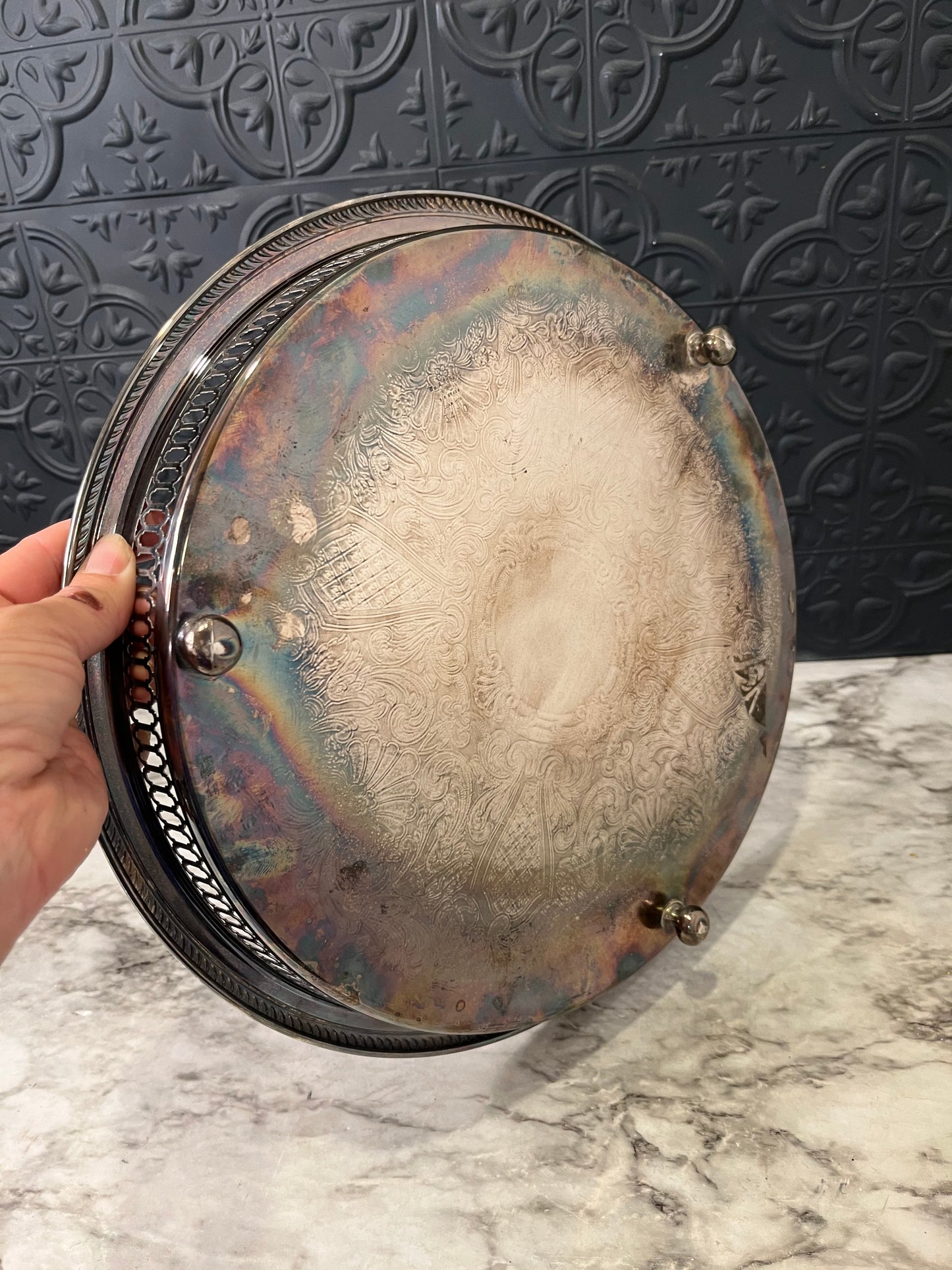 Round Etched Serving Tray with Cutout Rim and feet