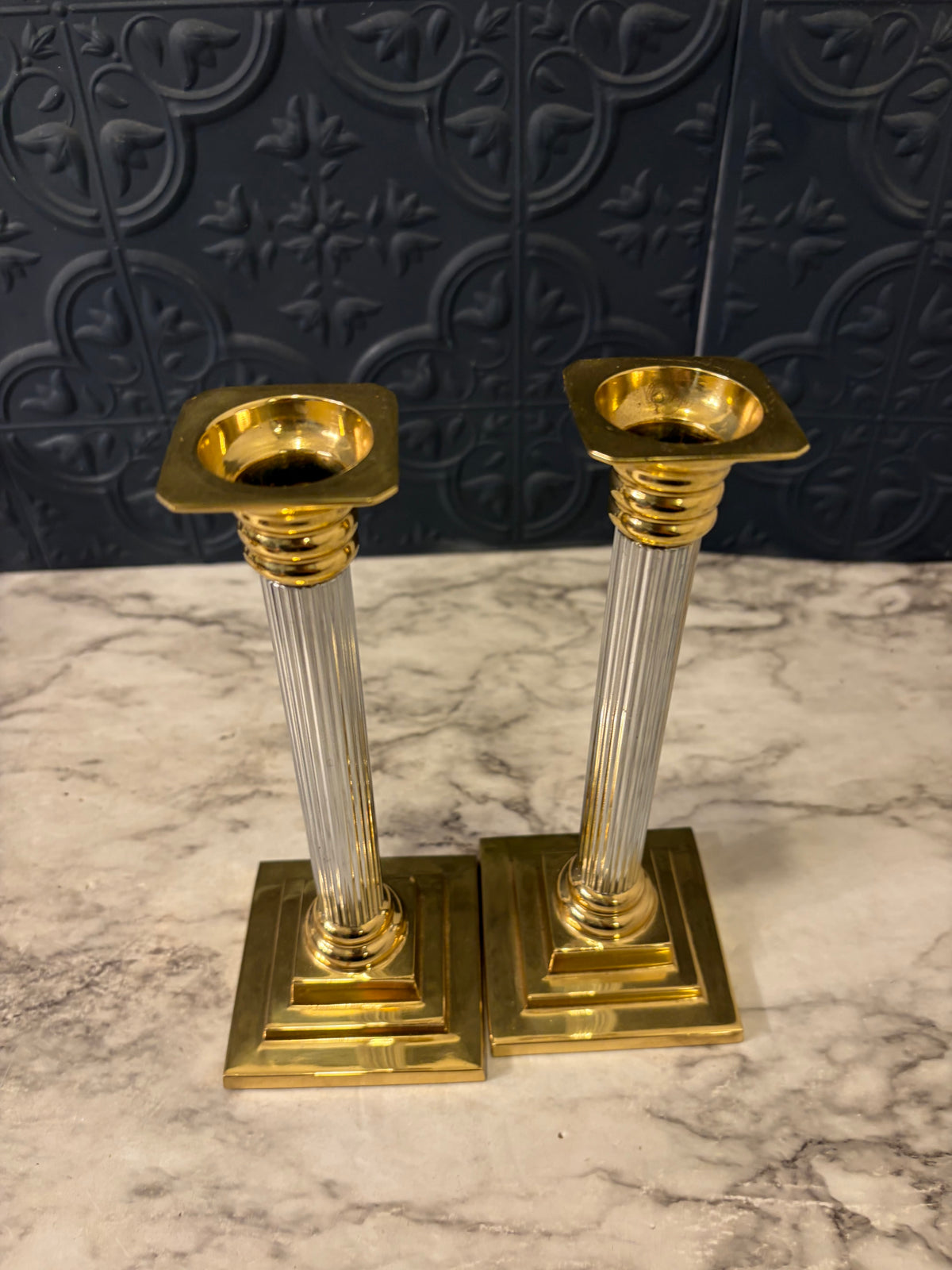 Brass and Silver Column Candle Holder Set of 2