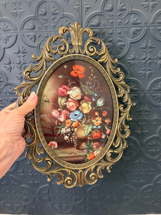 Italian Oval Bubble Glass Floral with Red Poppies