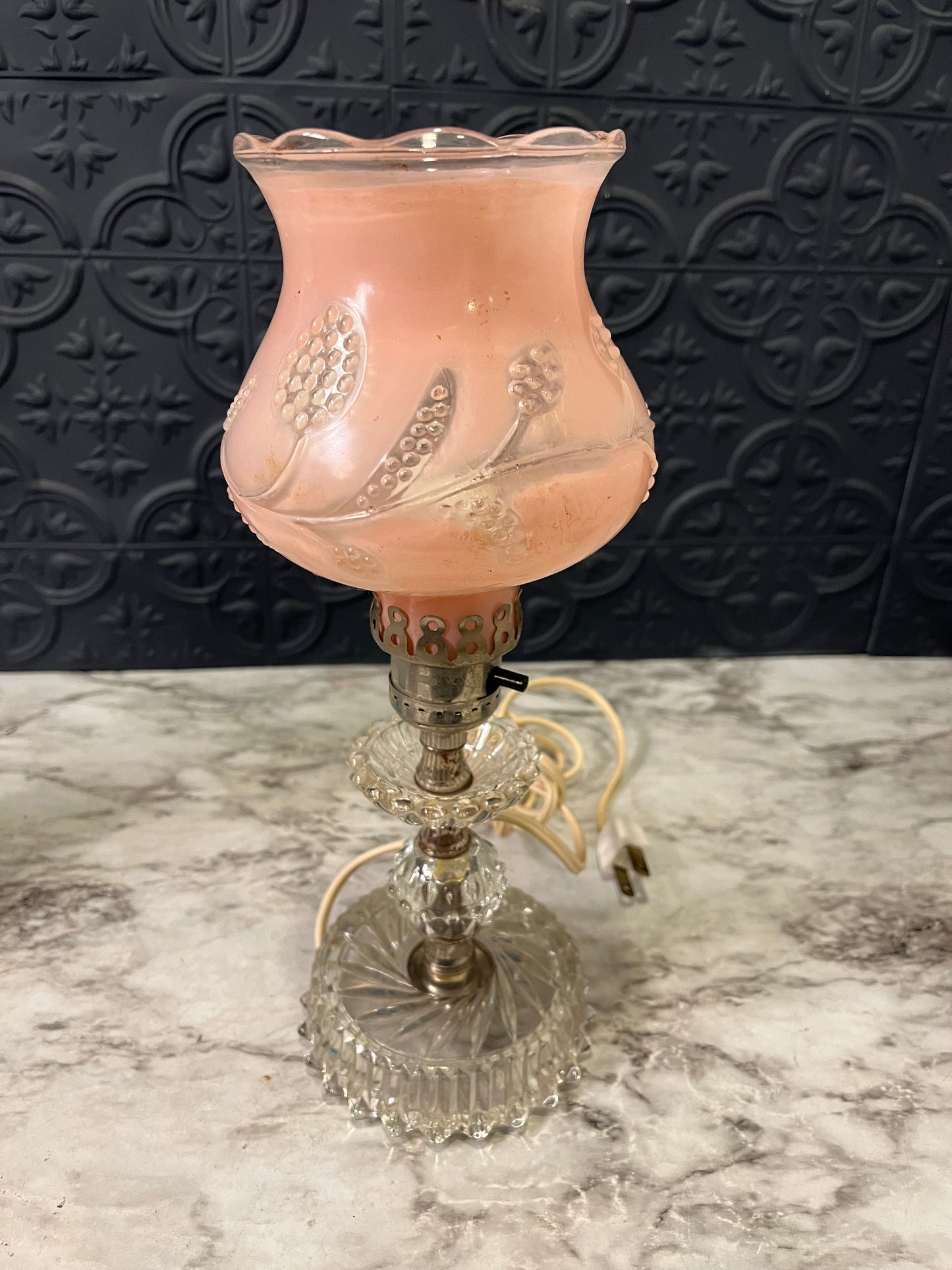 Crystal and Pink Hurricane Lamp