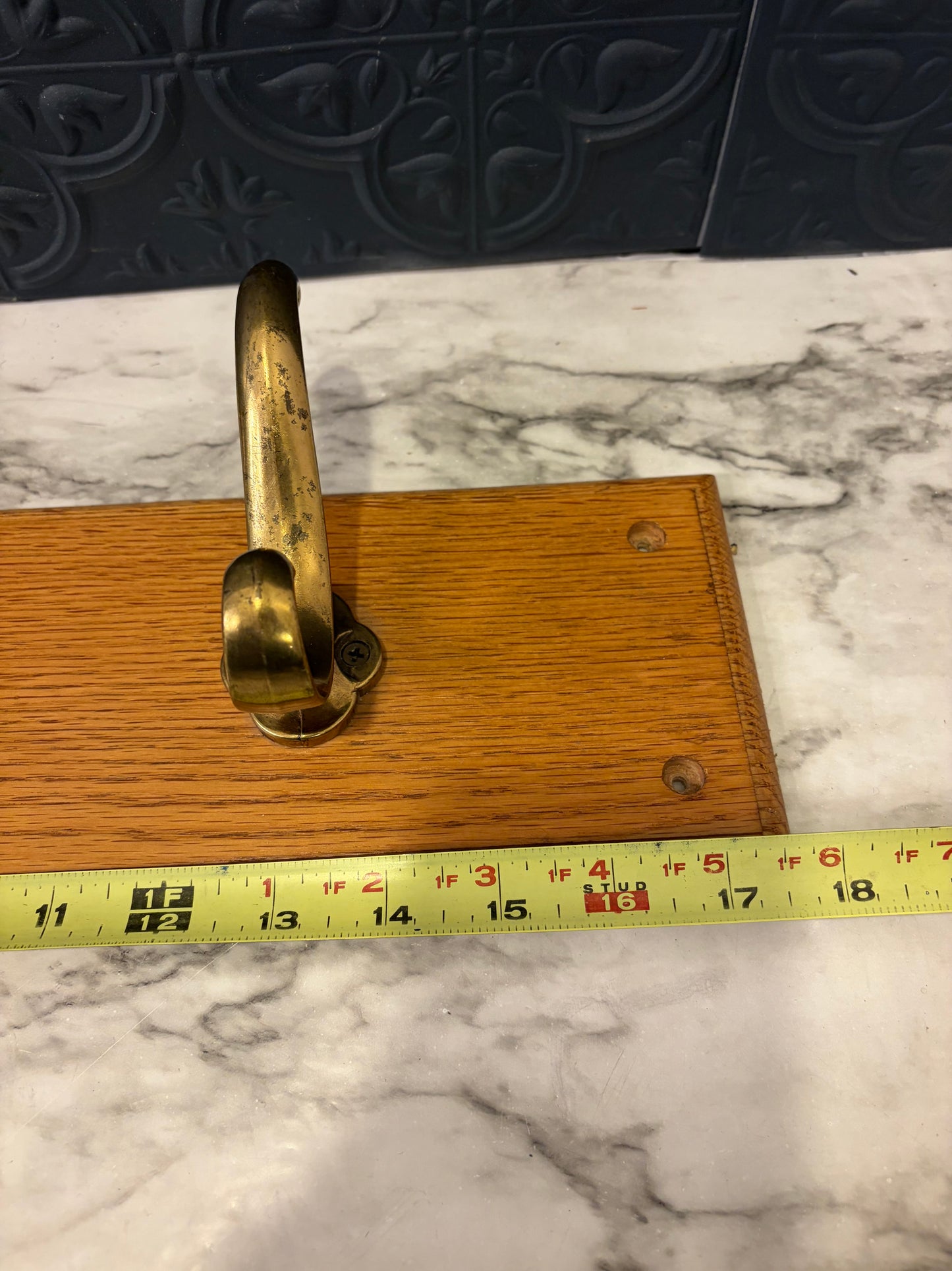 17.5 Oak Wall Coat Rack with Brass Hooks  (2 )