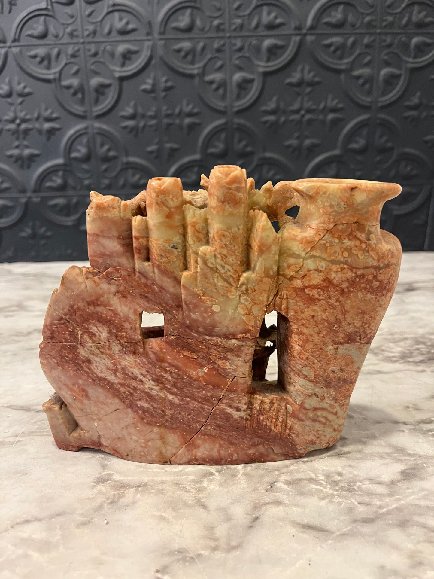 Carved Soapstone Vase and Bowl Red AS IS