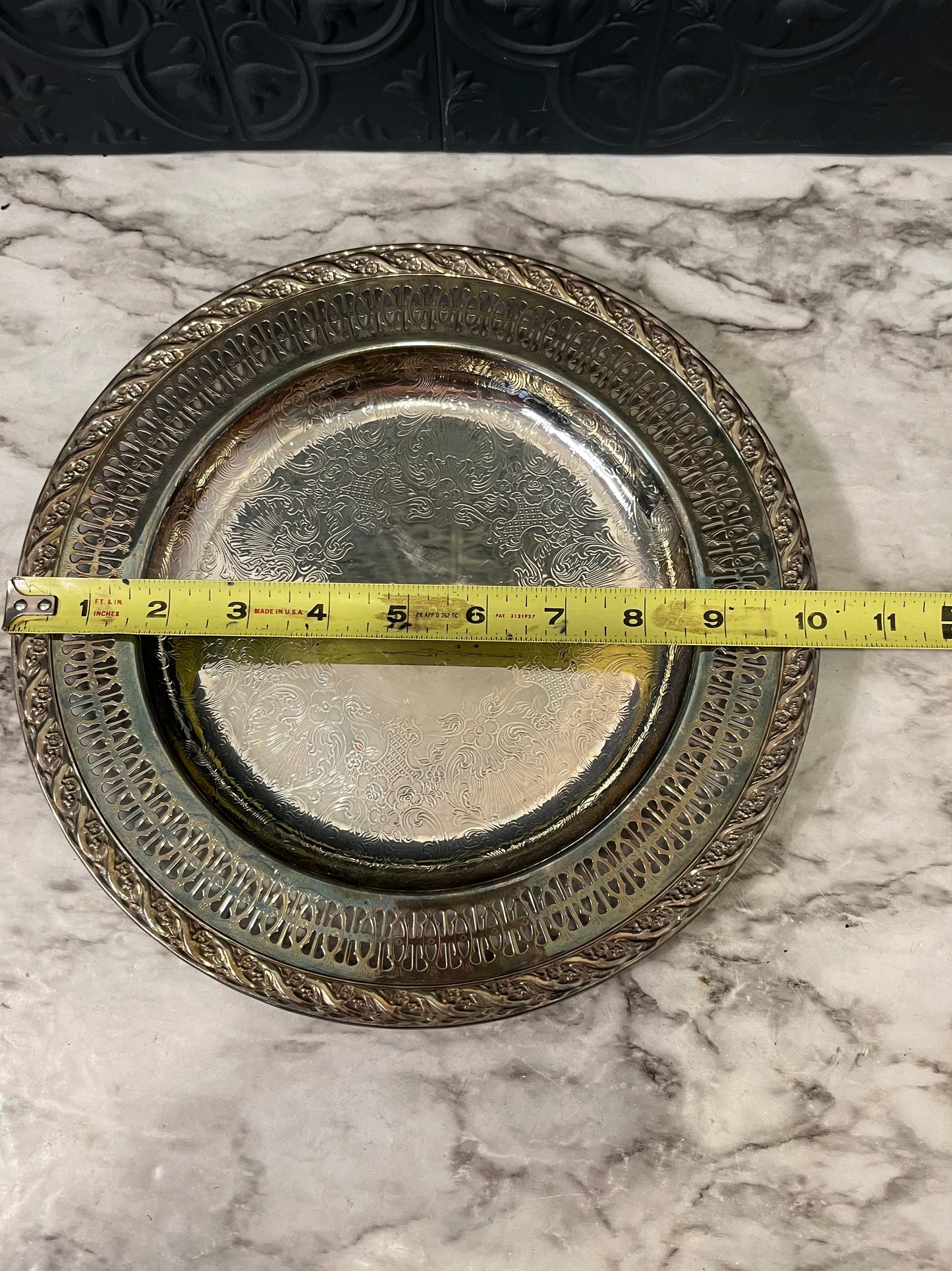 Etched Silver Plate Round Tray with Decorative Rim