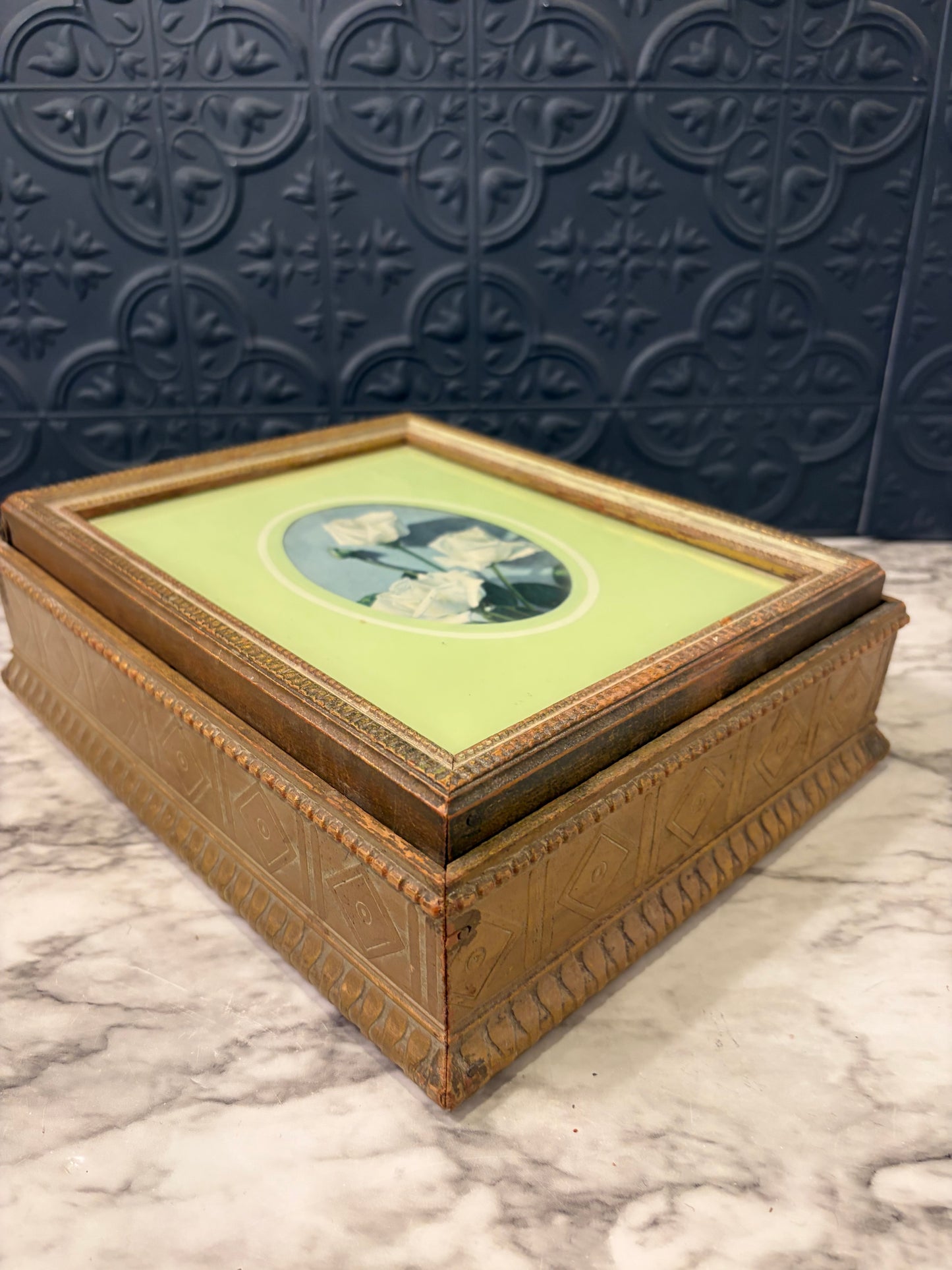 Vintage Wood Jewelry Box with Floral Lid