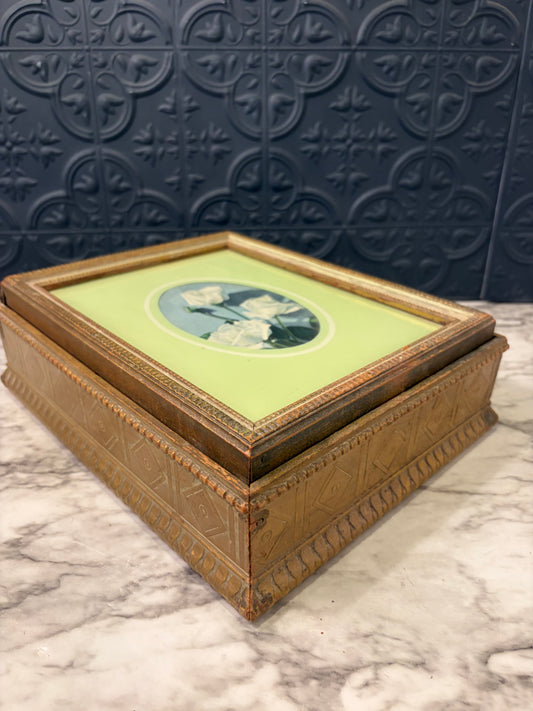 Vintage Wood Jewelry Box with Floral Lid