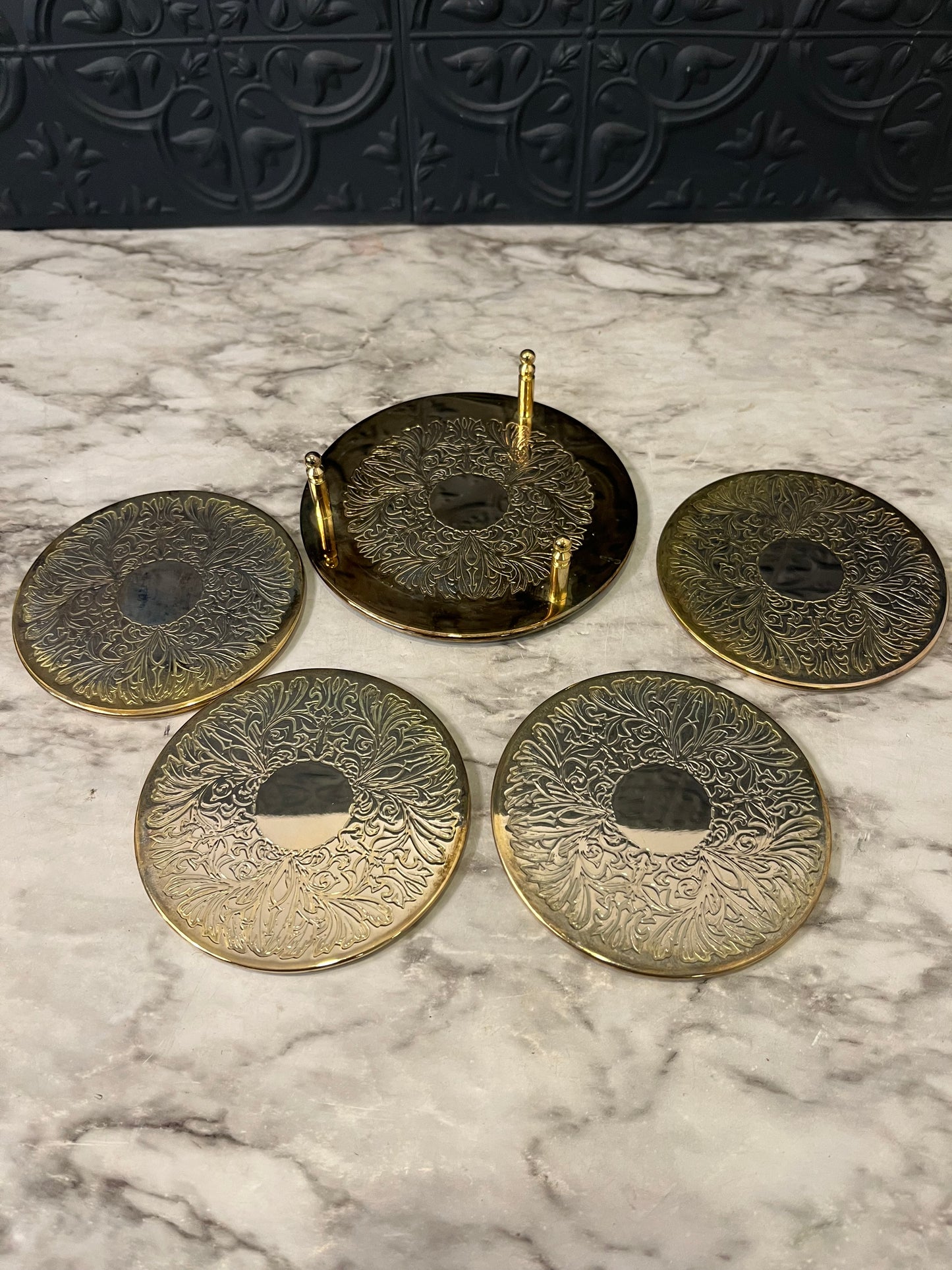 Set of Four Etched  Silver tone Coasters