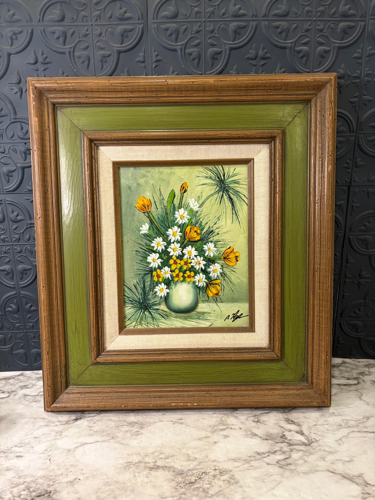 Original Painting of Flowers in Green and Wood Frame