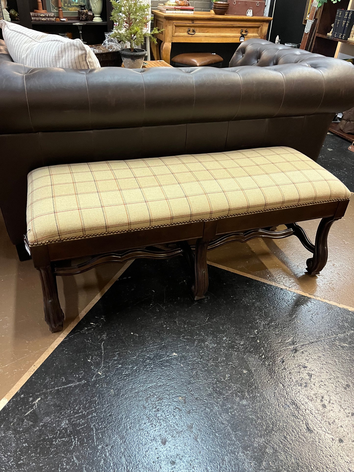 Carved Wood 4ft Bench with Fabric Seat