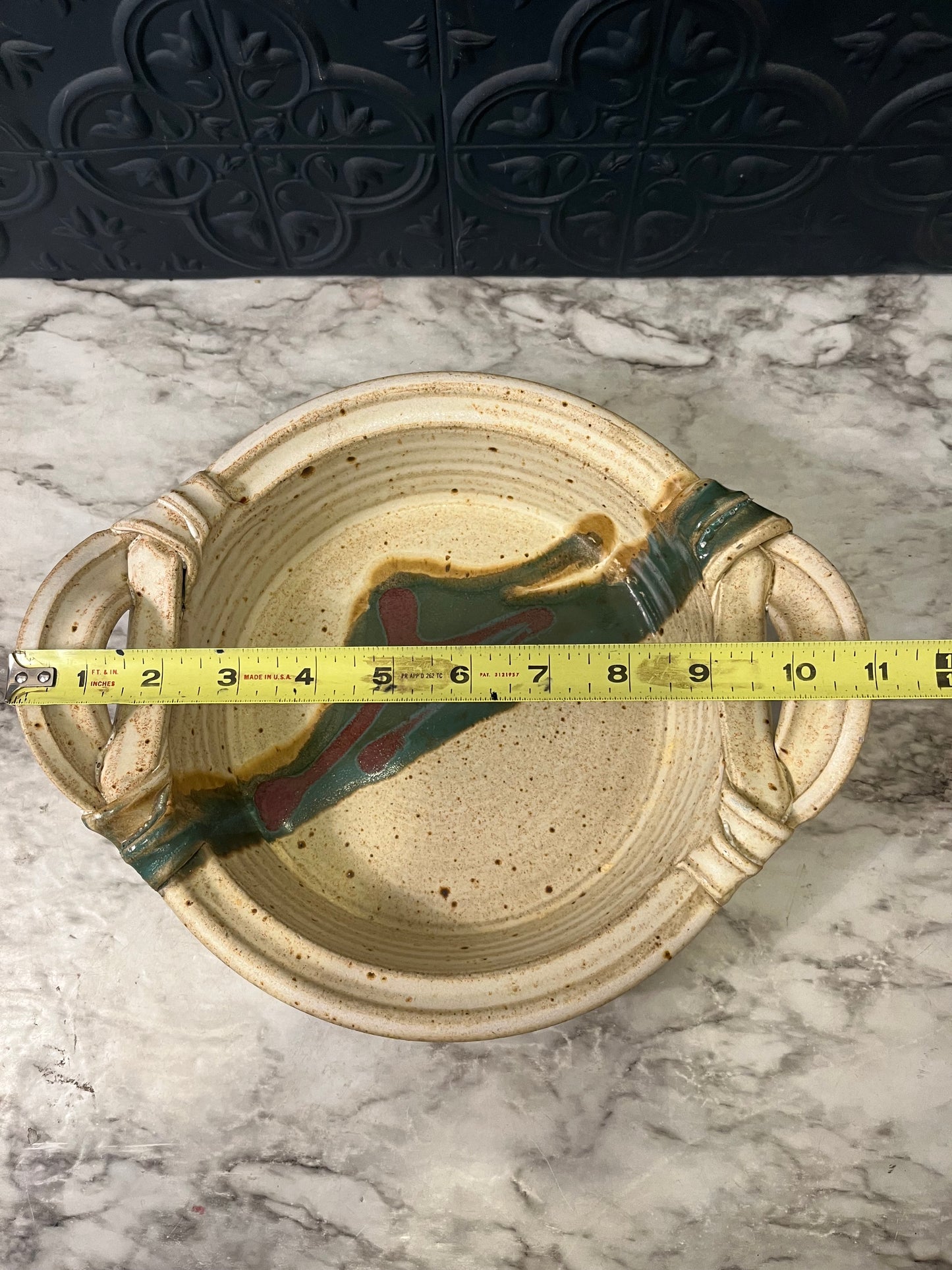 Stoneware Handled Shallow bowl with Green Stripe