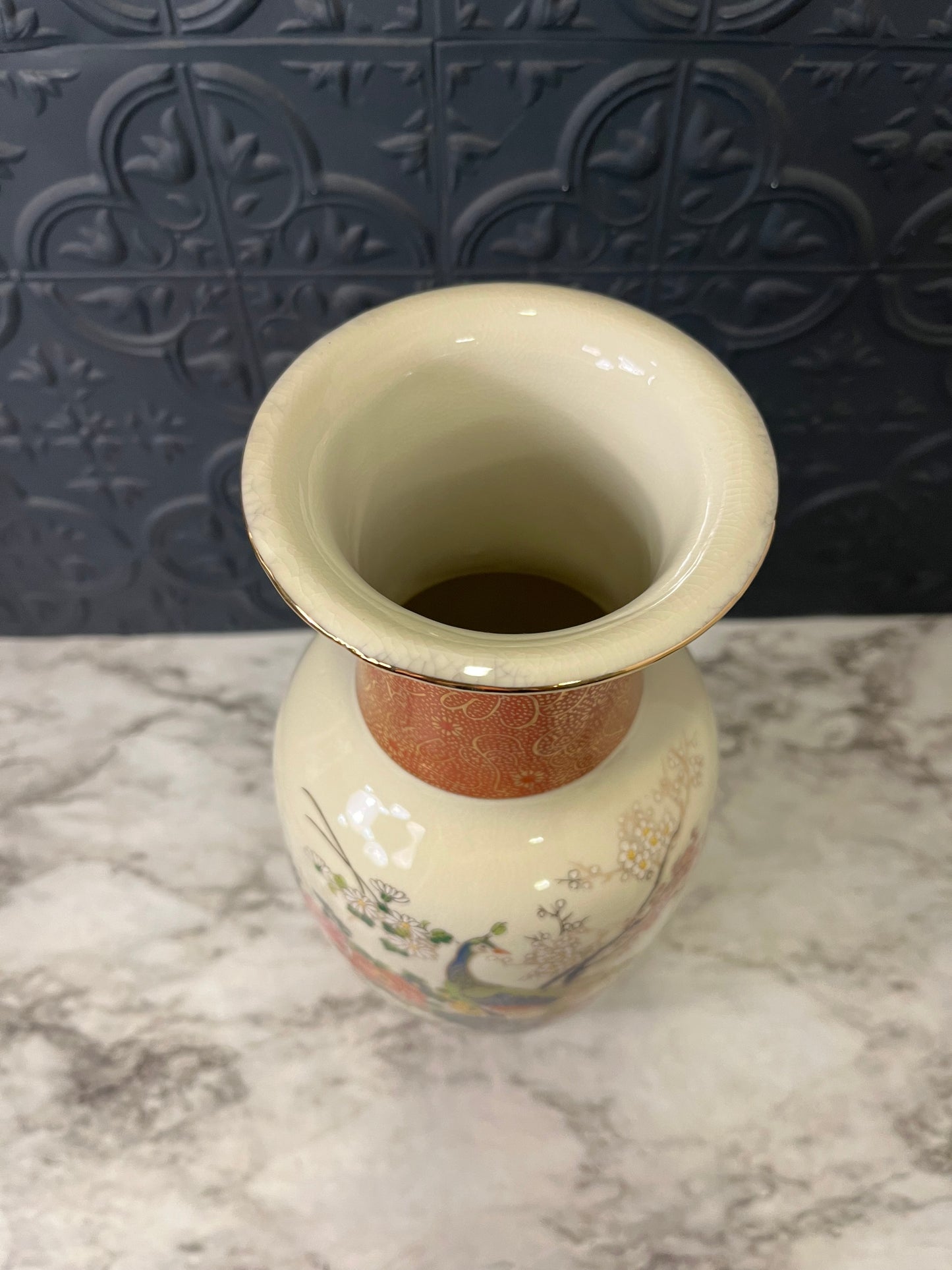 Tall Satsuma Peacock Floral Vase Orange Rim