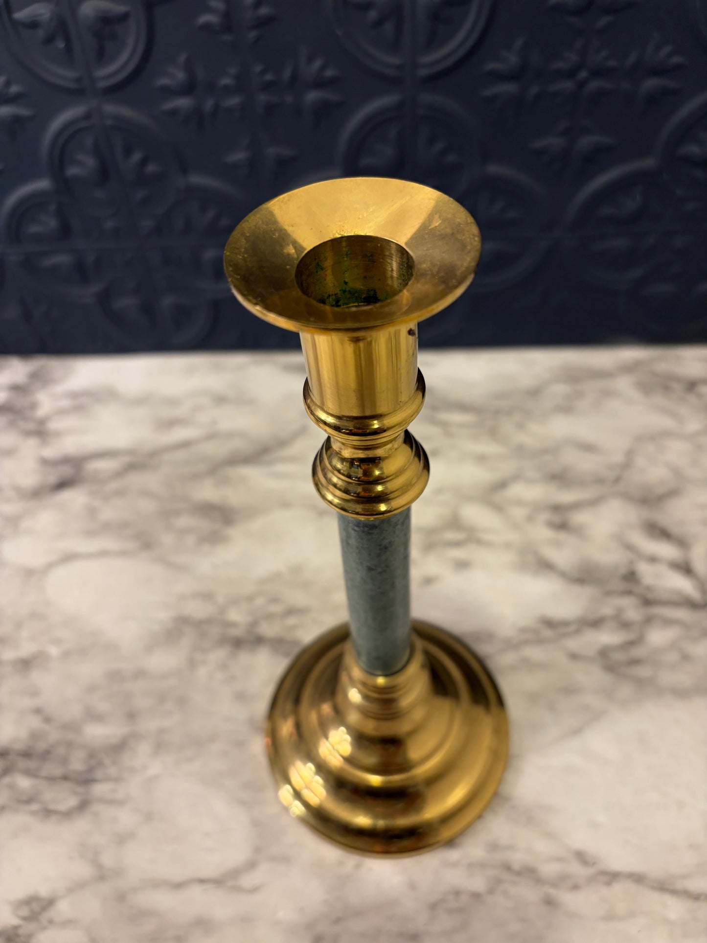 9" Brass Candle Holder with Green Stem