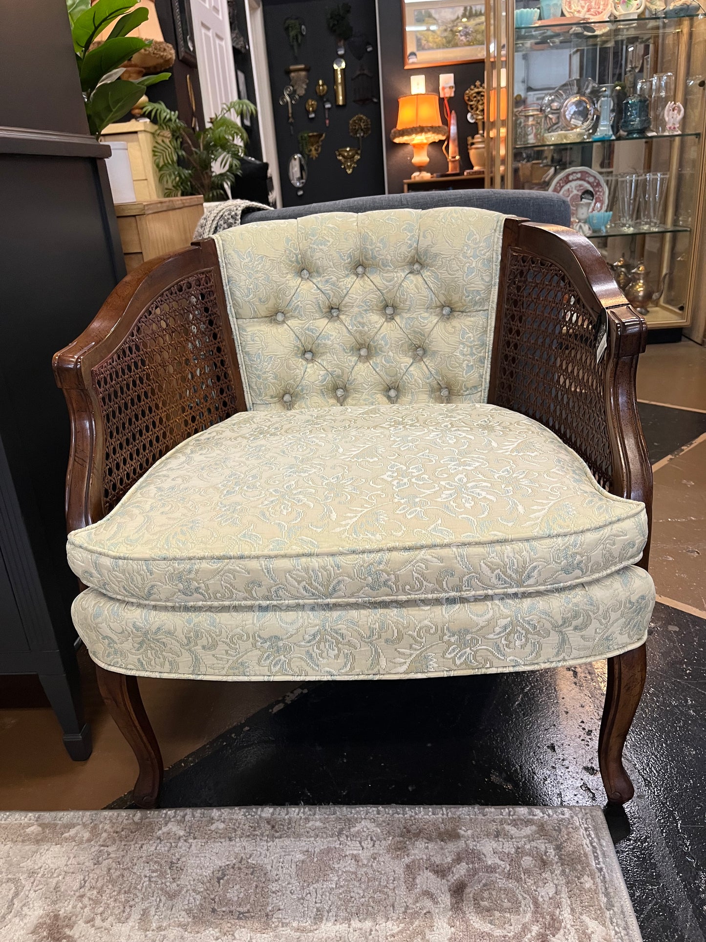 Cane Chair with Blue Floral Fabric