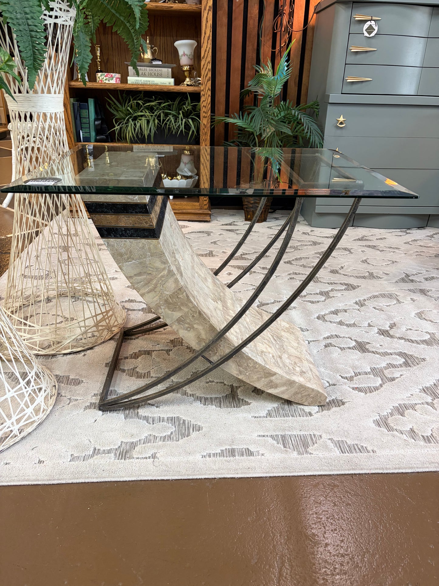 Stone, Wrought Iron and Glass Side Table