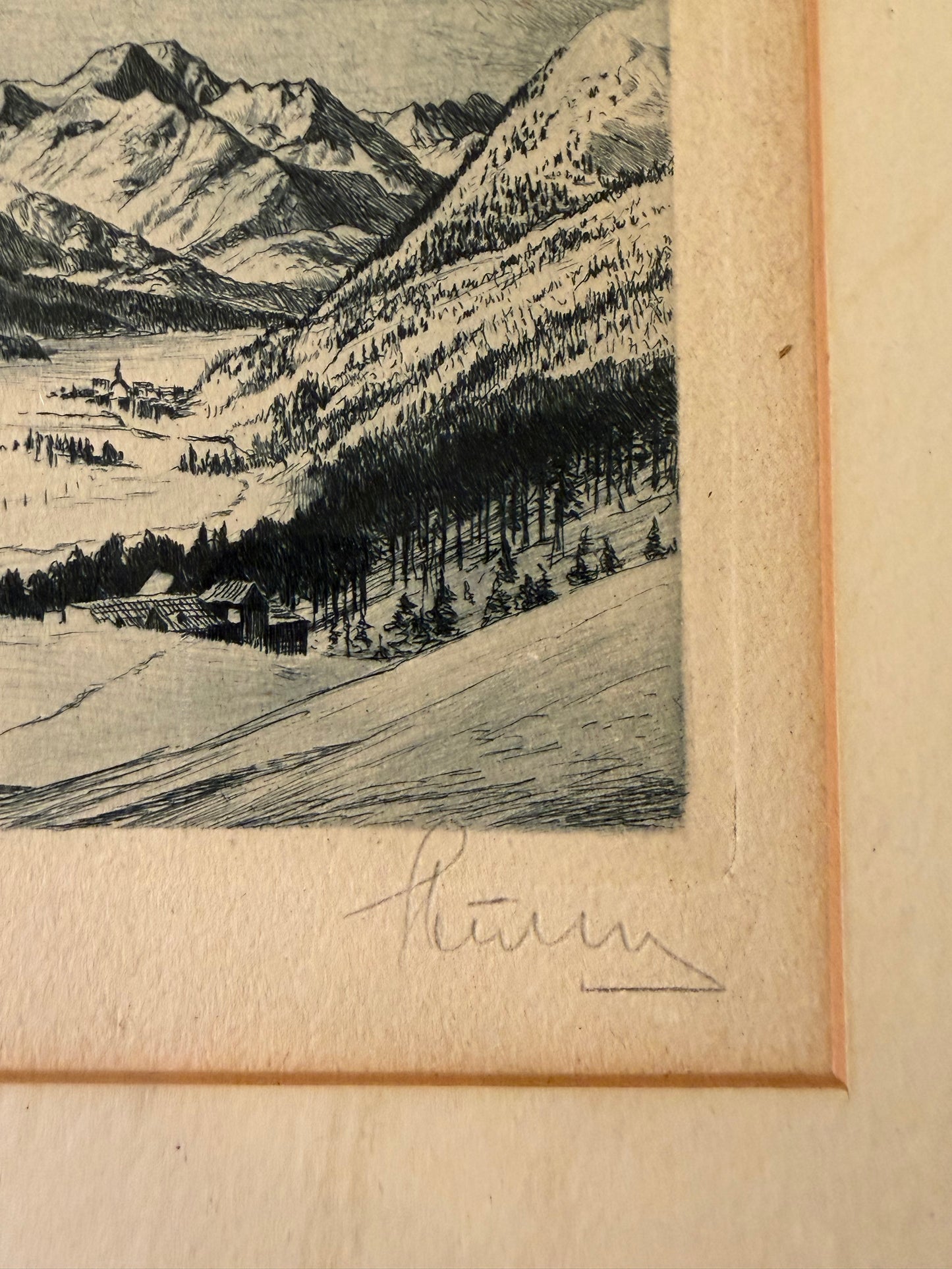 Print of Etching of Swiss Piz La Margna Framed