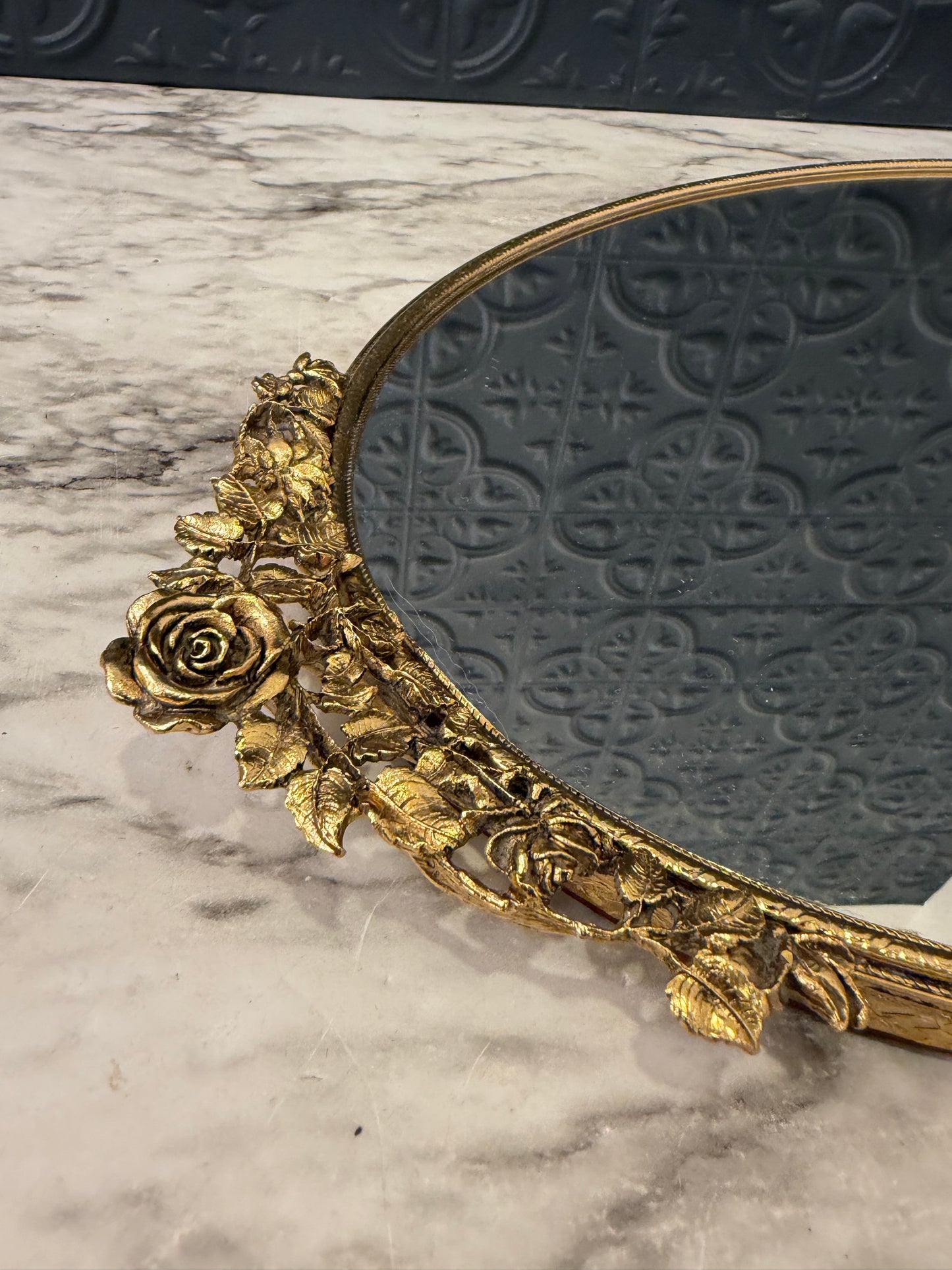 Oval Mirror Tray with Rose on Handle