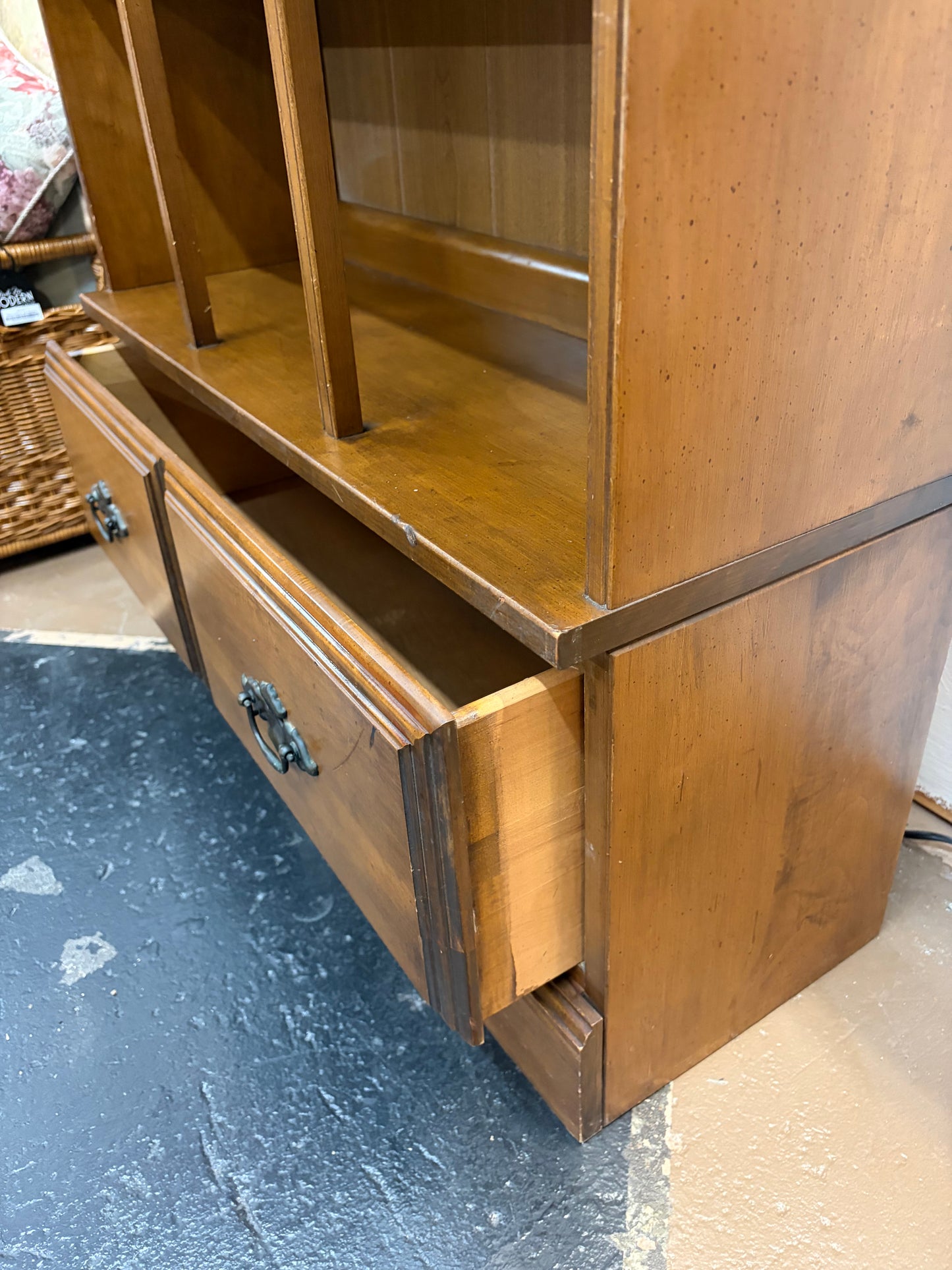 Vintage Arched Bookshelf with Lower Drawers