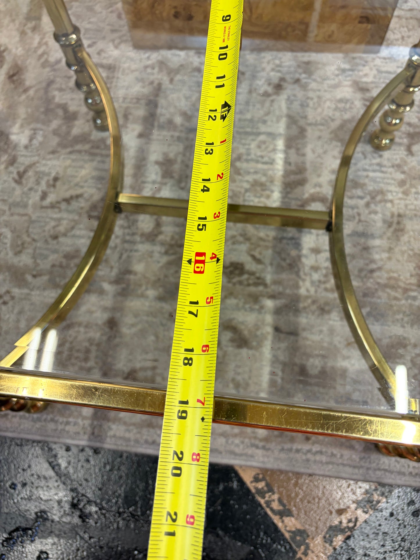 Square Brass and Glass Side Table with H Bottom