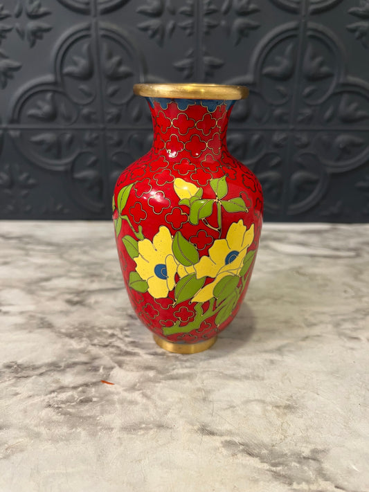 Mini Brass and Red Cloisonne Vase with Yellow Flowers