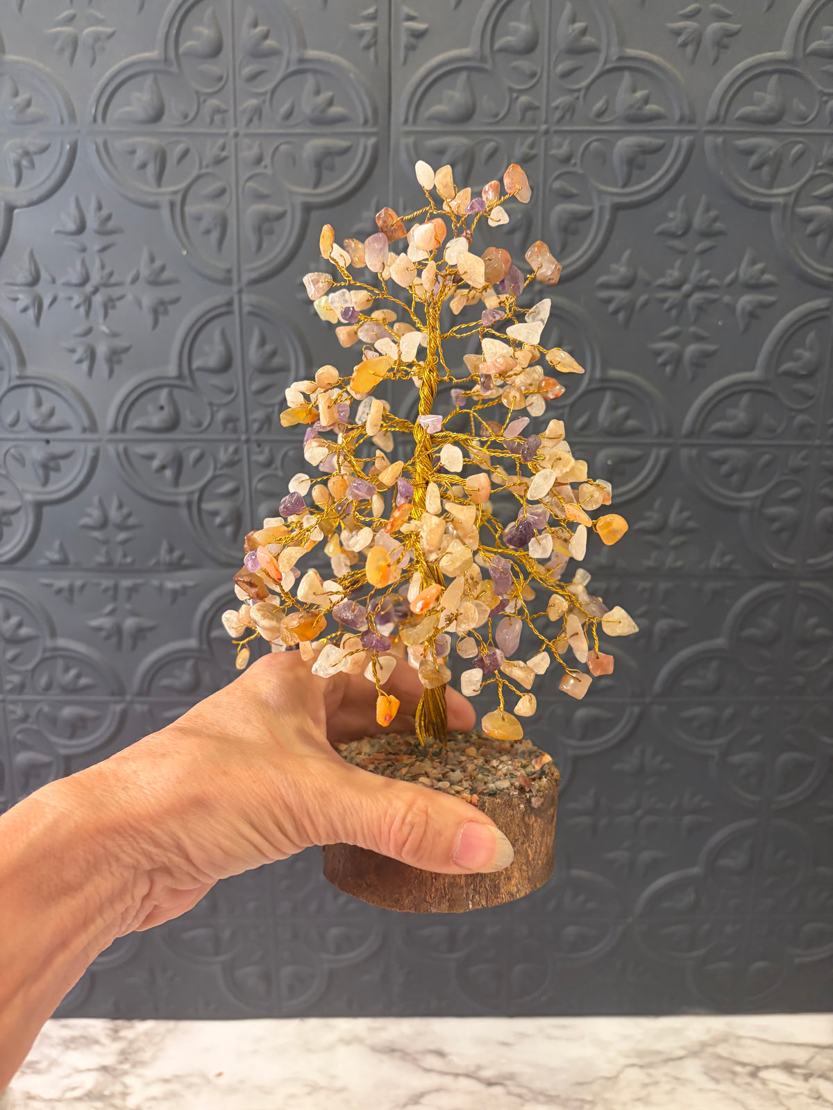 Gemstone Tree with Circular Wood Base