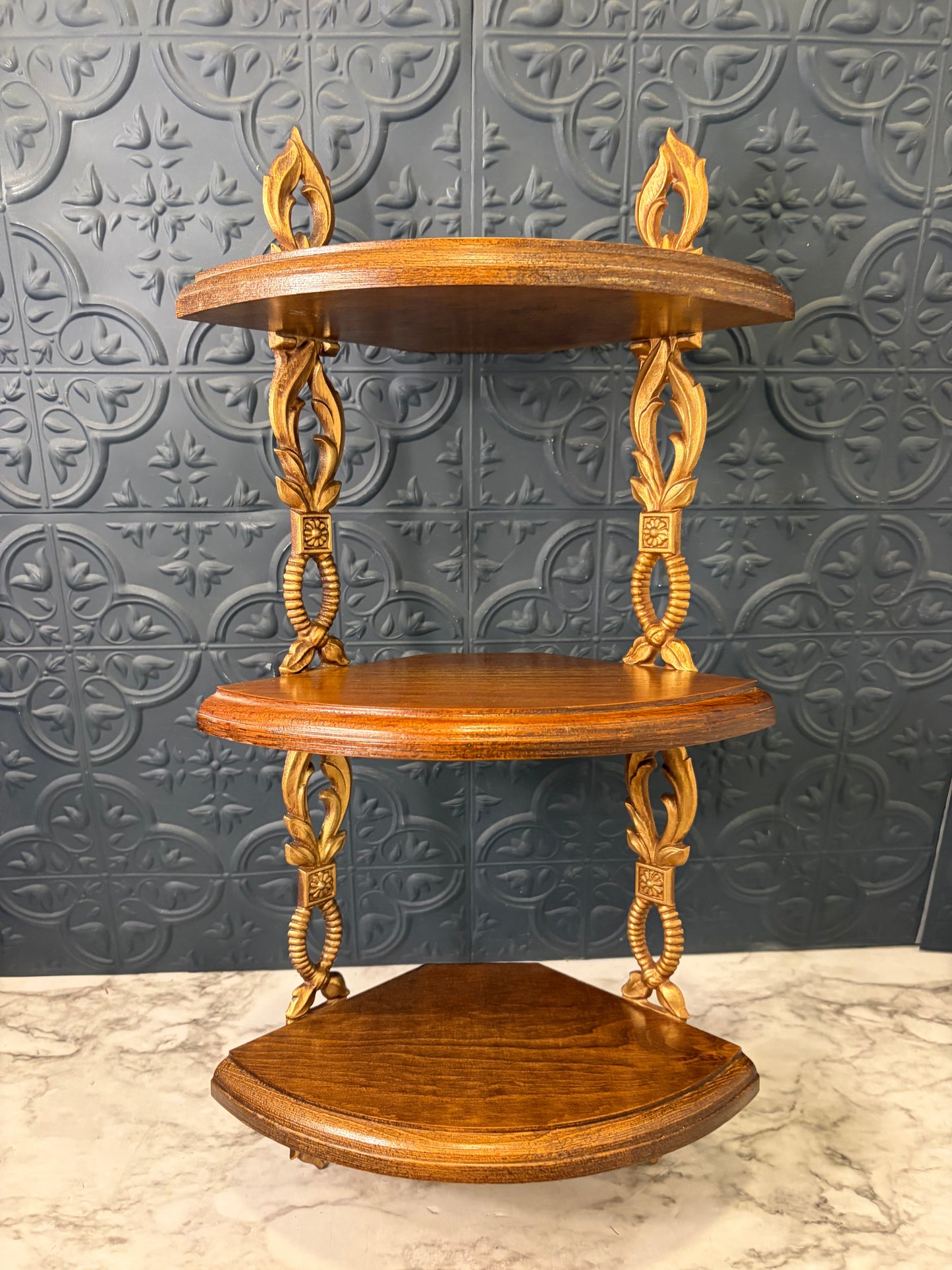 Sexton Wood and Gold Triple Corner Shelf