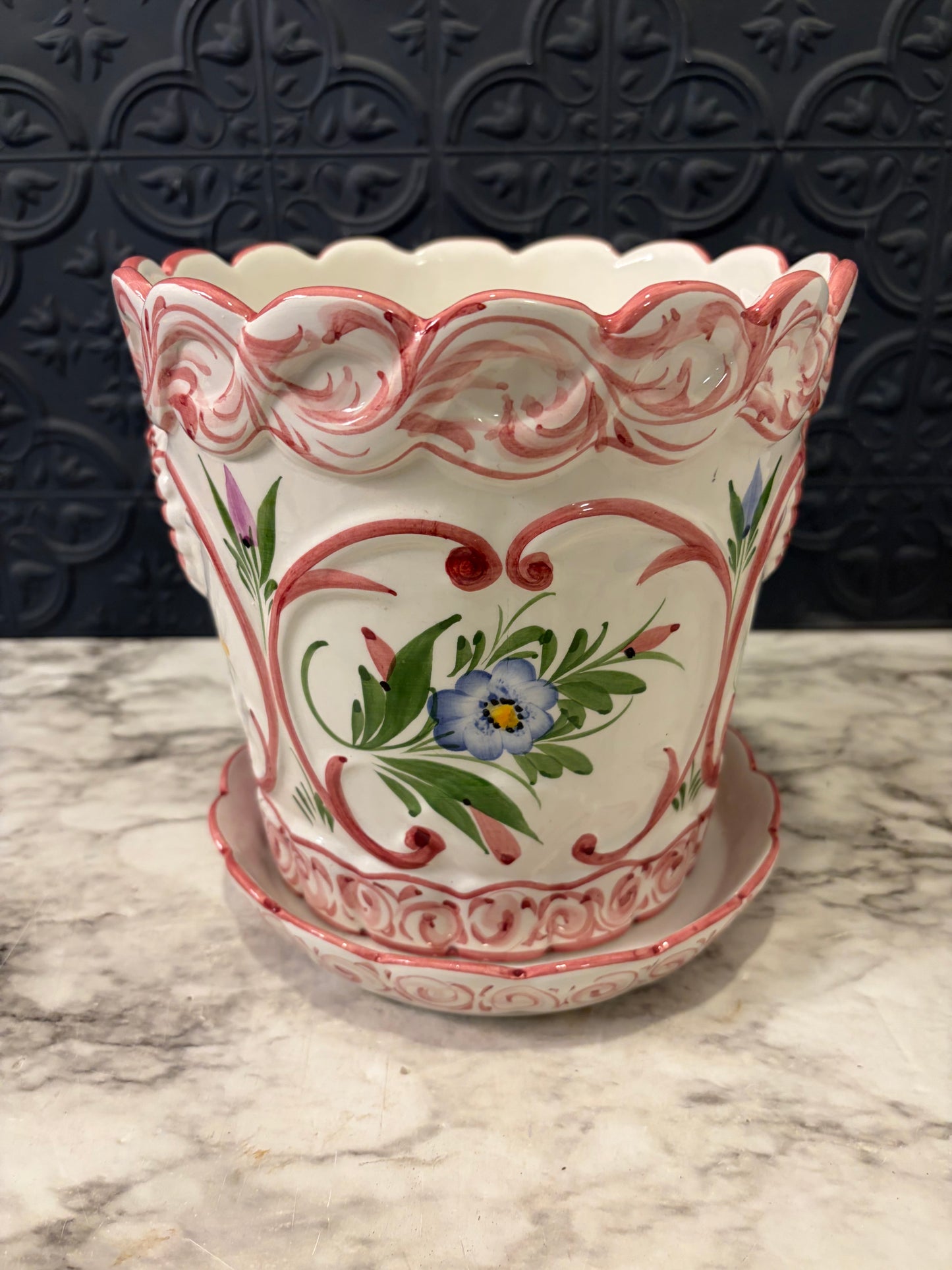 Hand Painted in Portugal Flower Pot and Tray