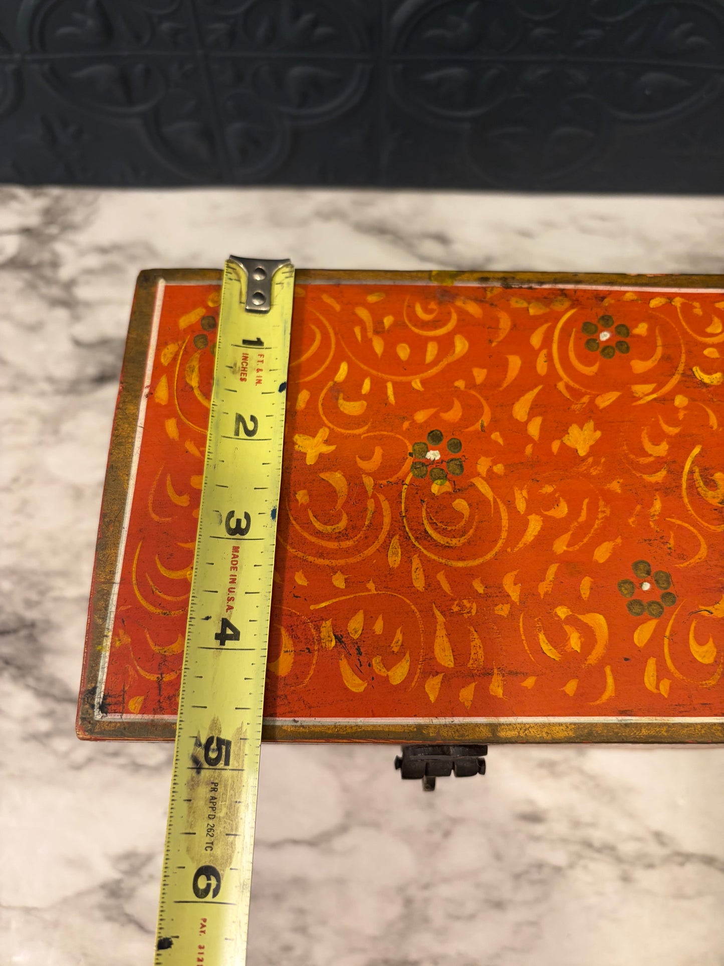 Orange Hand Painted Wood Box with Green Flowers