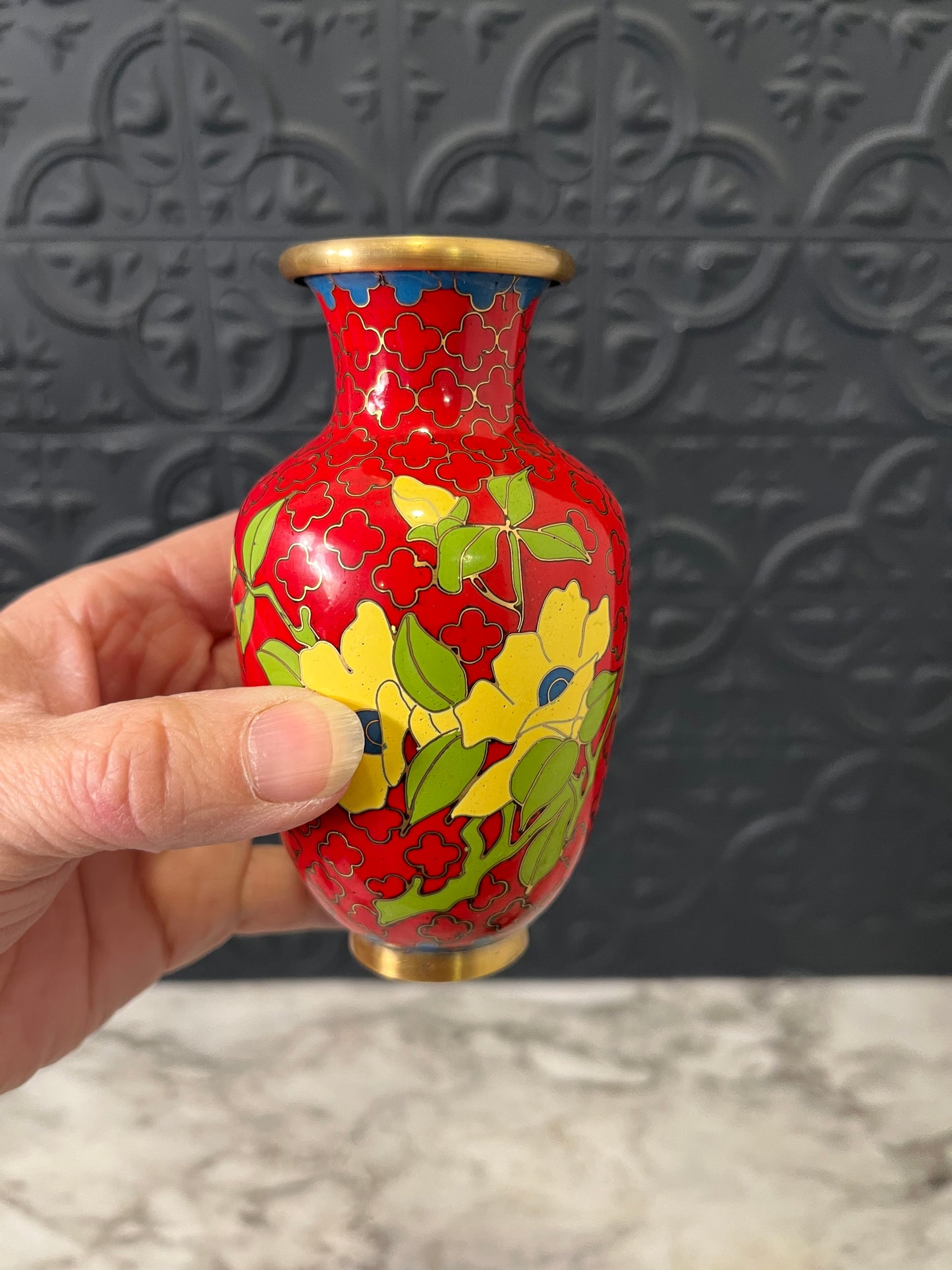 Mini Brass and Red Cloisonne Vase with Yellow Flowers