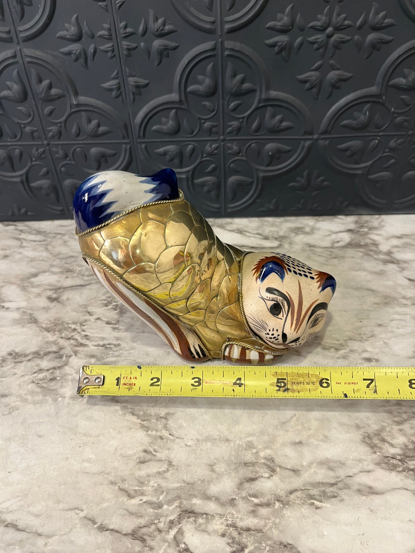 Vintage Tonala Mexican Stretching Ceranic Cat with Brass Scales
