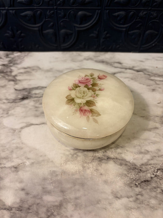 Hinged Alabaster Trinket Dish with floral top