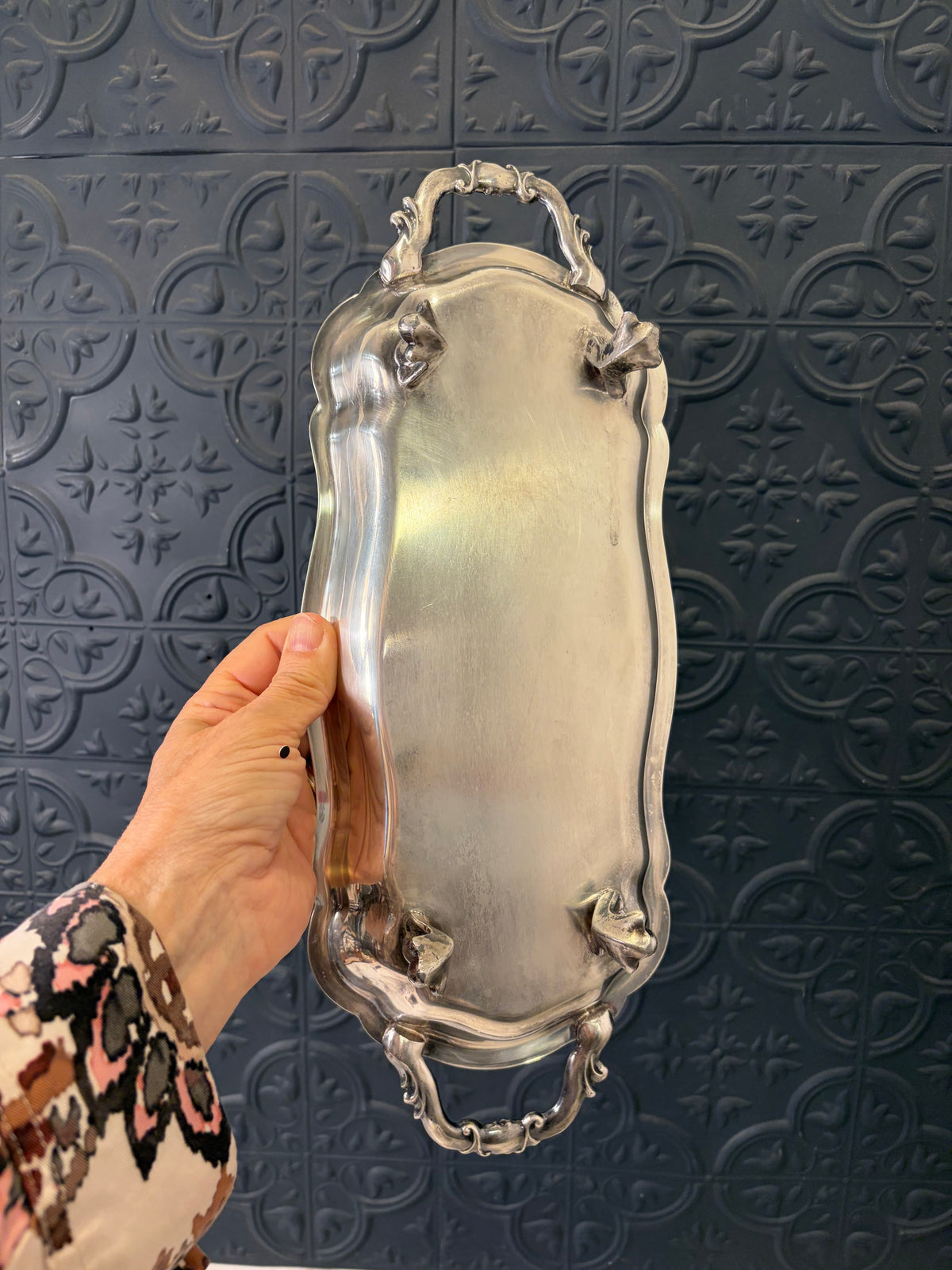 Oval Silver Plate Tray with Feet and Handles