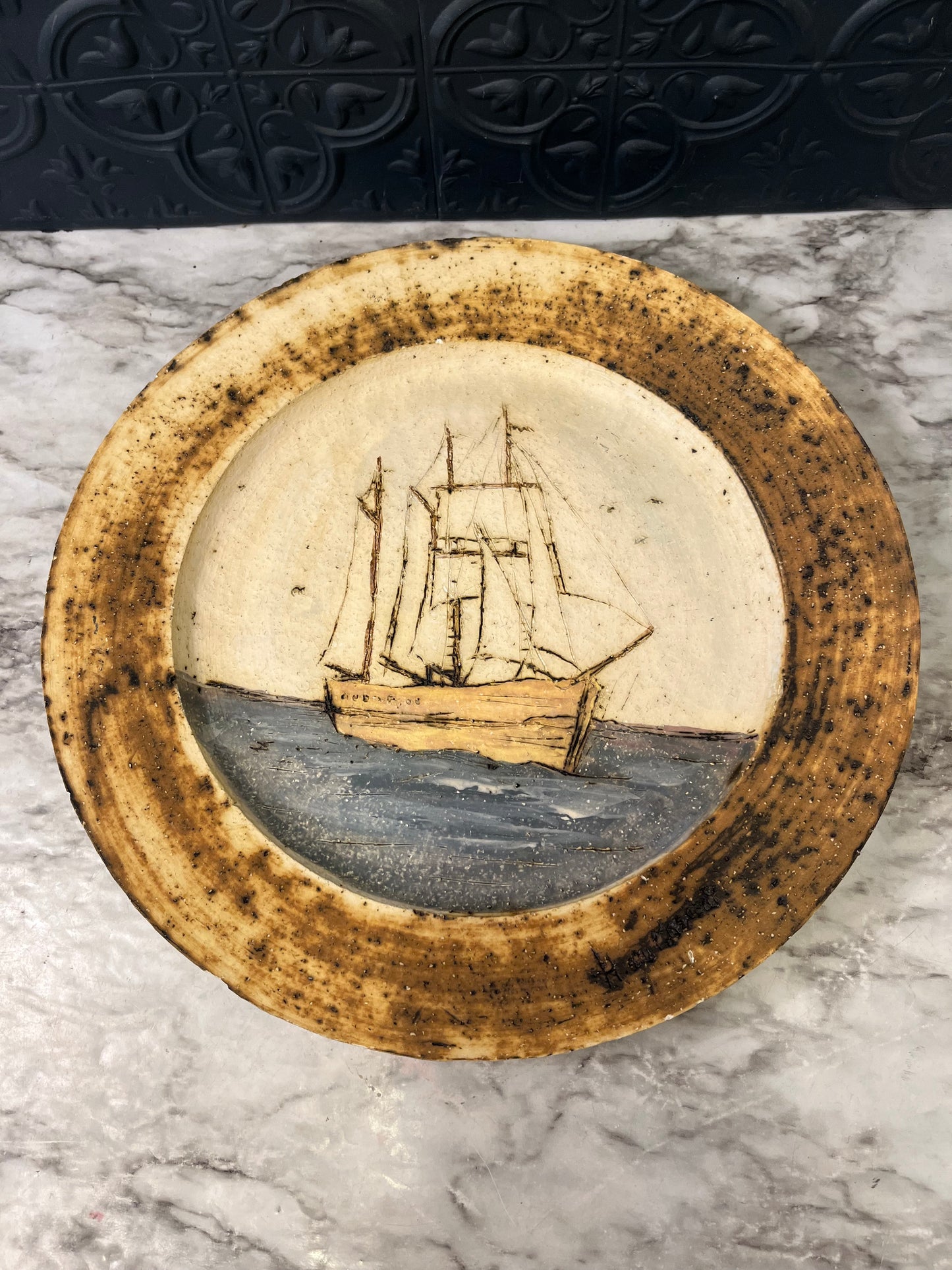Decorative Pottery Plate with Ship 12.5"
