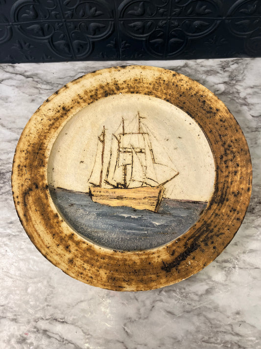Decorative Pottery Plate with Ship 12.5"