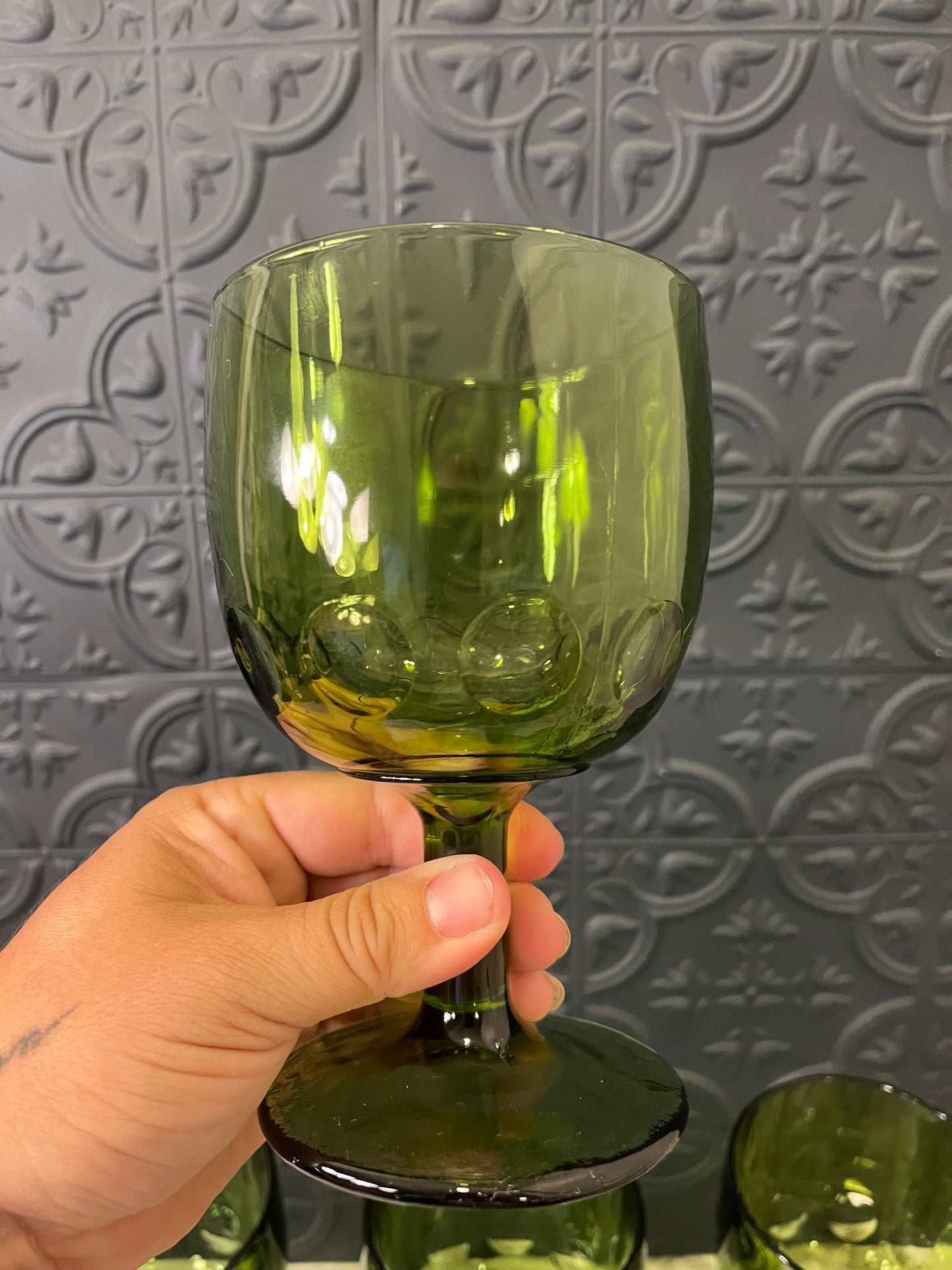 Barlett Collins Green Glass Thumbprint Goblet  x 6