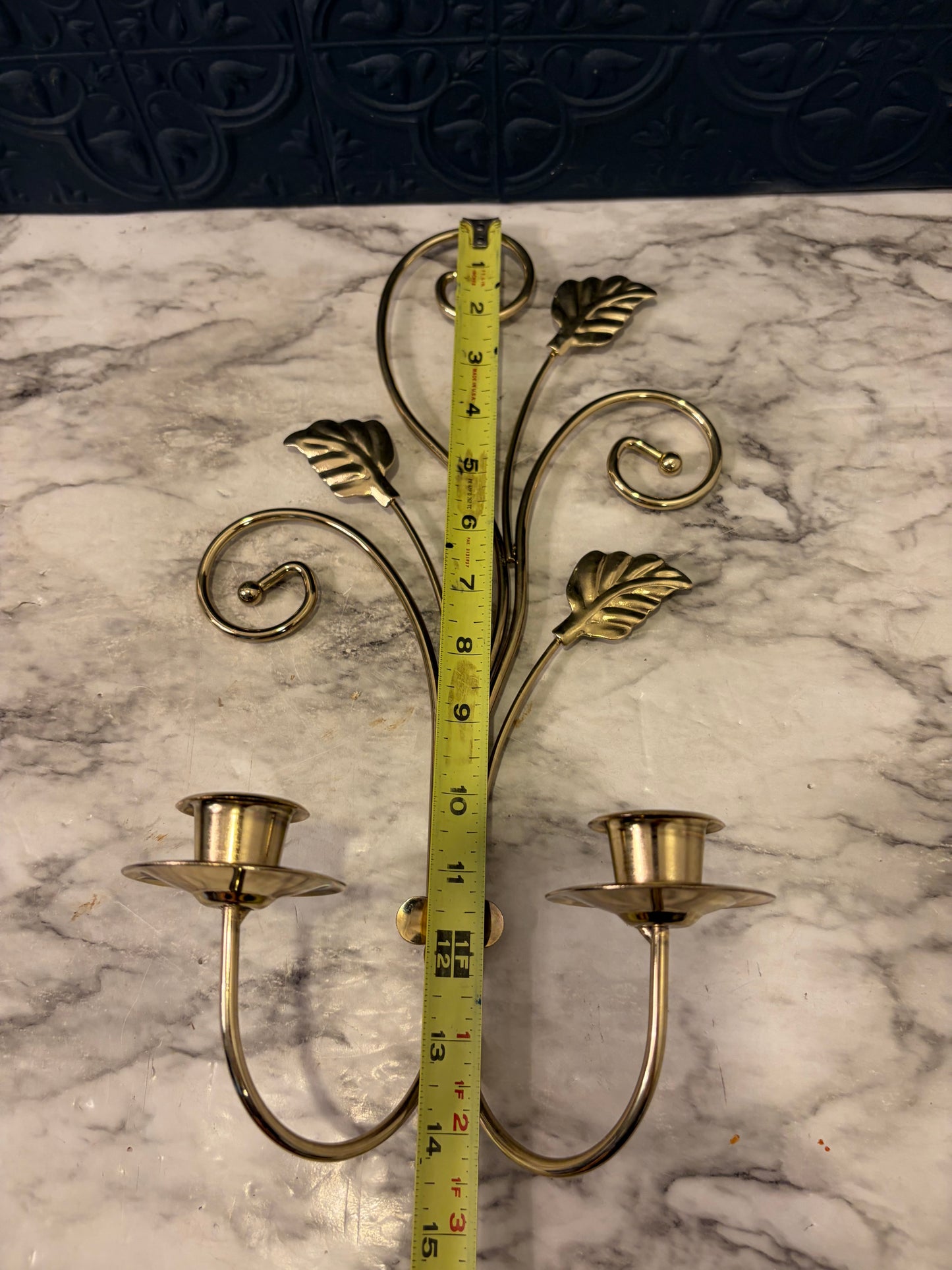 Squiggle Brass Wire Double Candle Sconce with Leaves