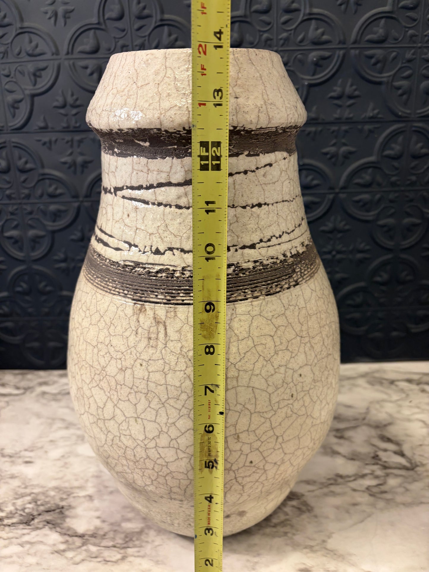 White Crackle Vase with Brown Striping