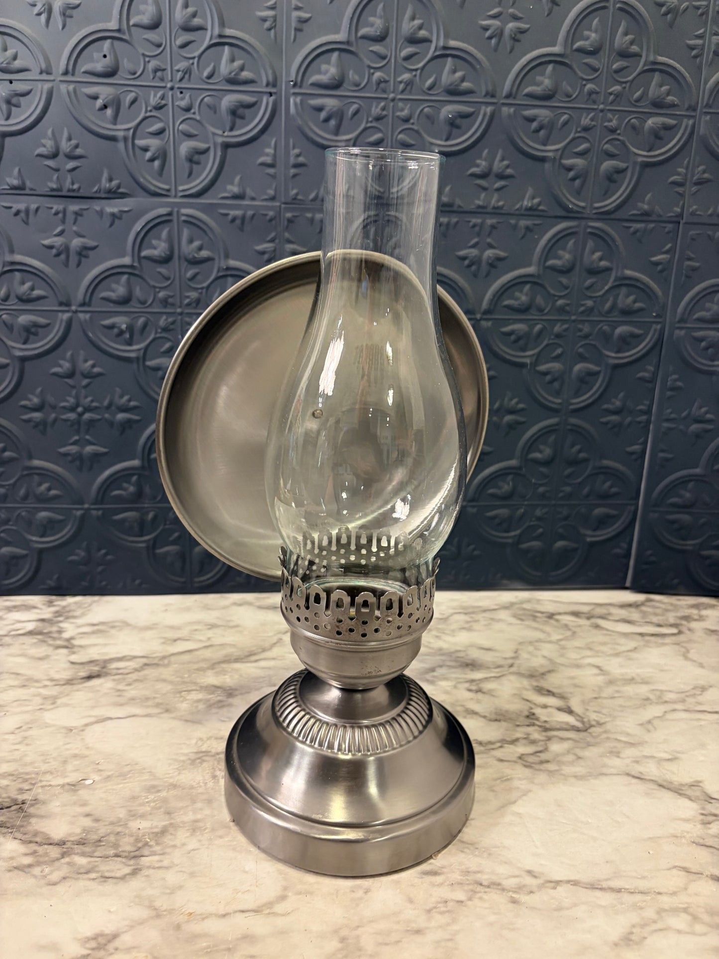 Brushed Nickle Tone Candle Holder with Hurricane